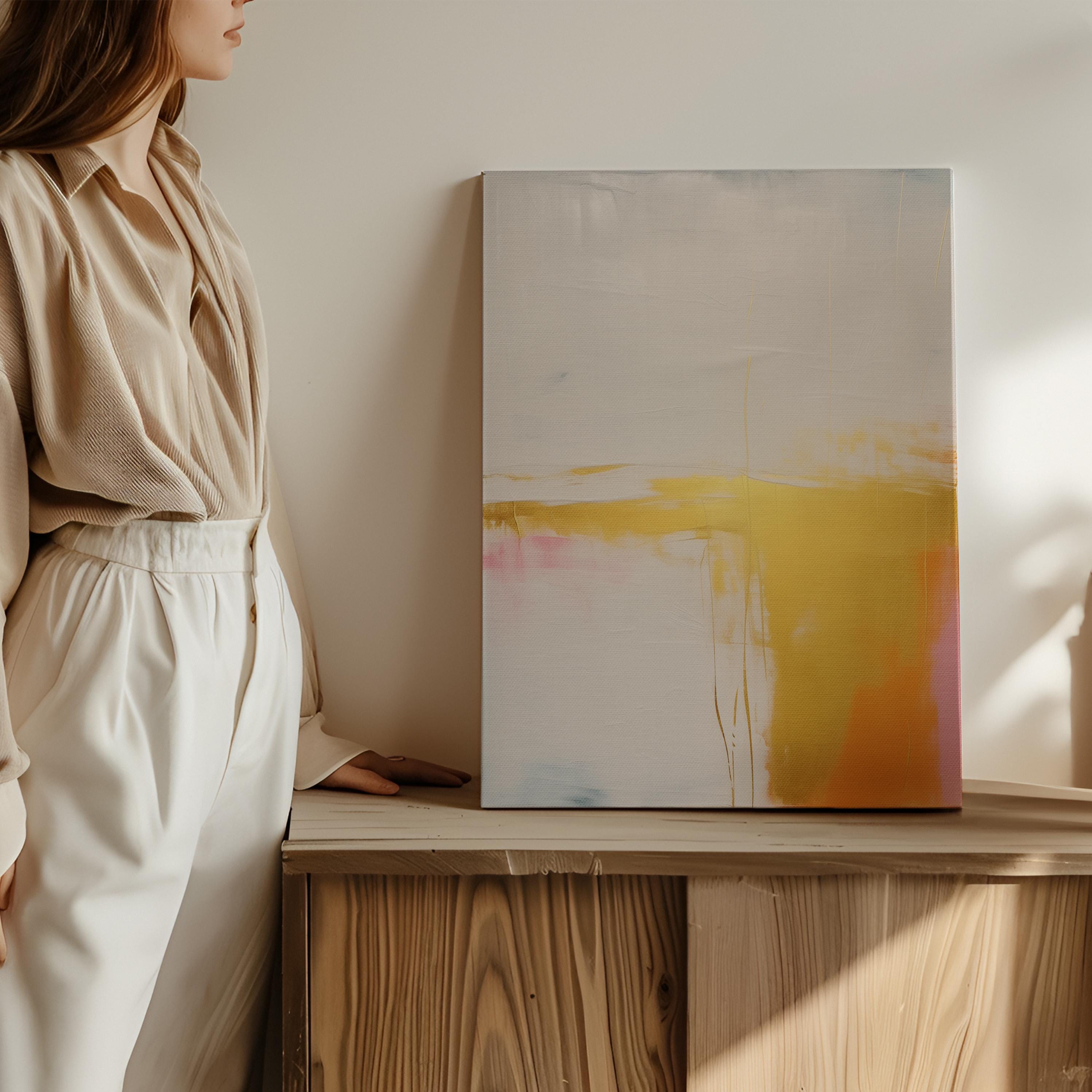 Metallic Color Pop Canvas Art Yellow White Pink Large Abstract Painting Bright Minimalist Decor Boho Style for Statement Decor Home 367