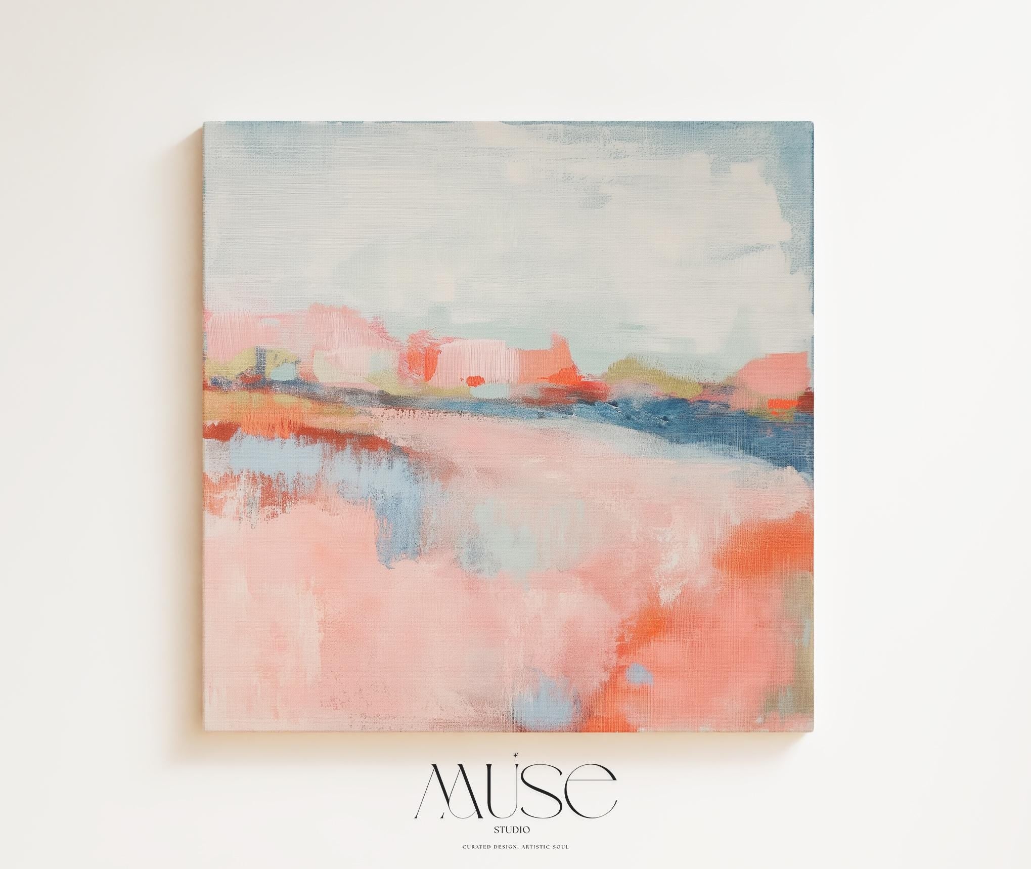 Soft Bright Abstract Canvas Art Coral Blush Blue Square Painting Pastel Botanicals Modern Decor for Bedroom Living Room Accent 384