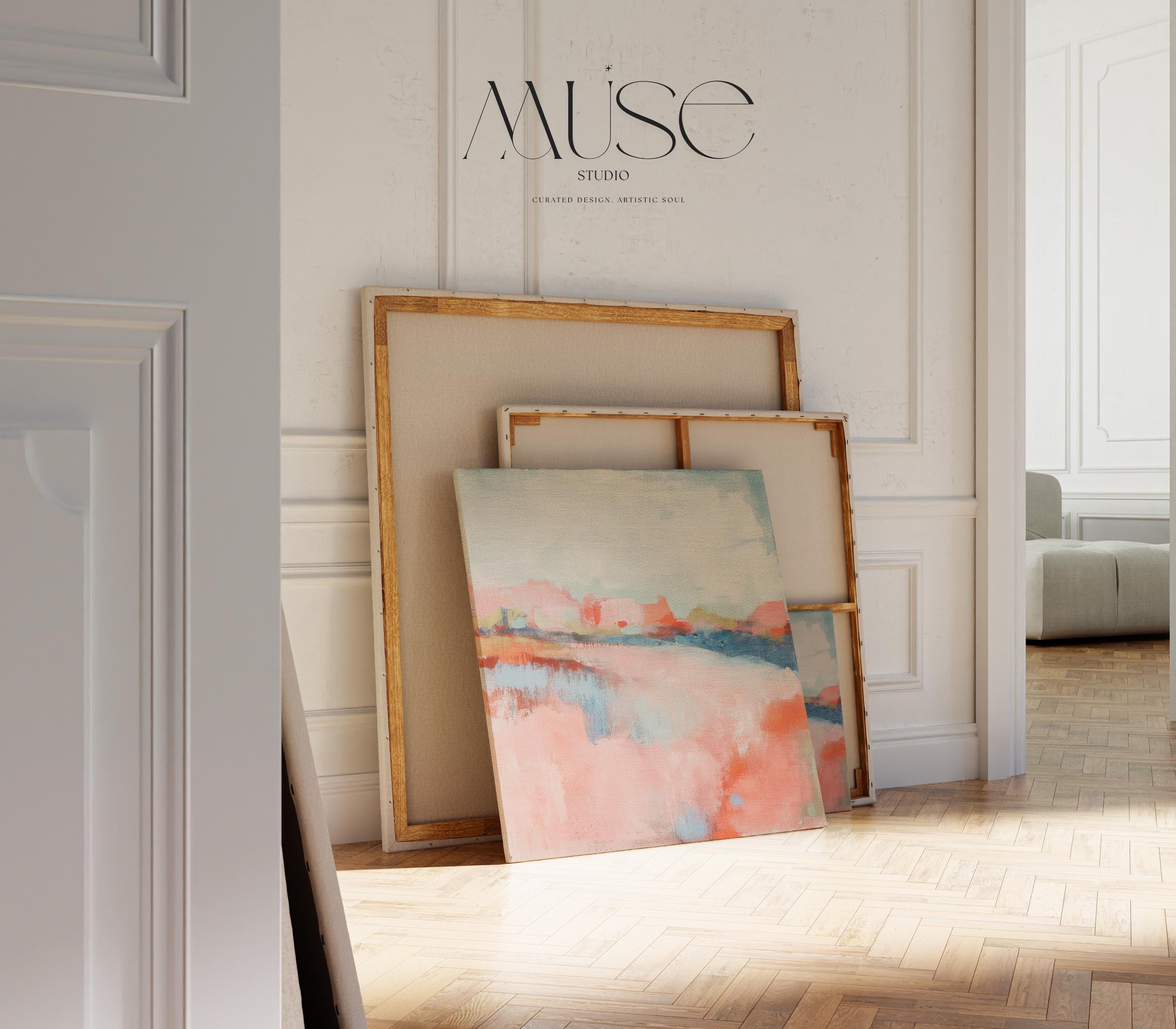 Soft Bright Abstract Canvas Art Coral Blush Blue Square Painting Pastel Botanicals Modern Decor for Bedroom Living Room Accent 384 Stretched Canvas Art Large abstract wall decor on stretched canvas, gallery-wrapped and ready to hang. Perfect for colorful wall art in living rooms, office spaces, and design projects. Giclée canvas print with bold brushwork and vibrant modern style for impactful home decor. Muse Studio Decor Art.