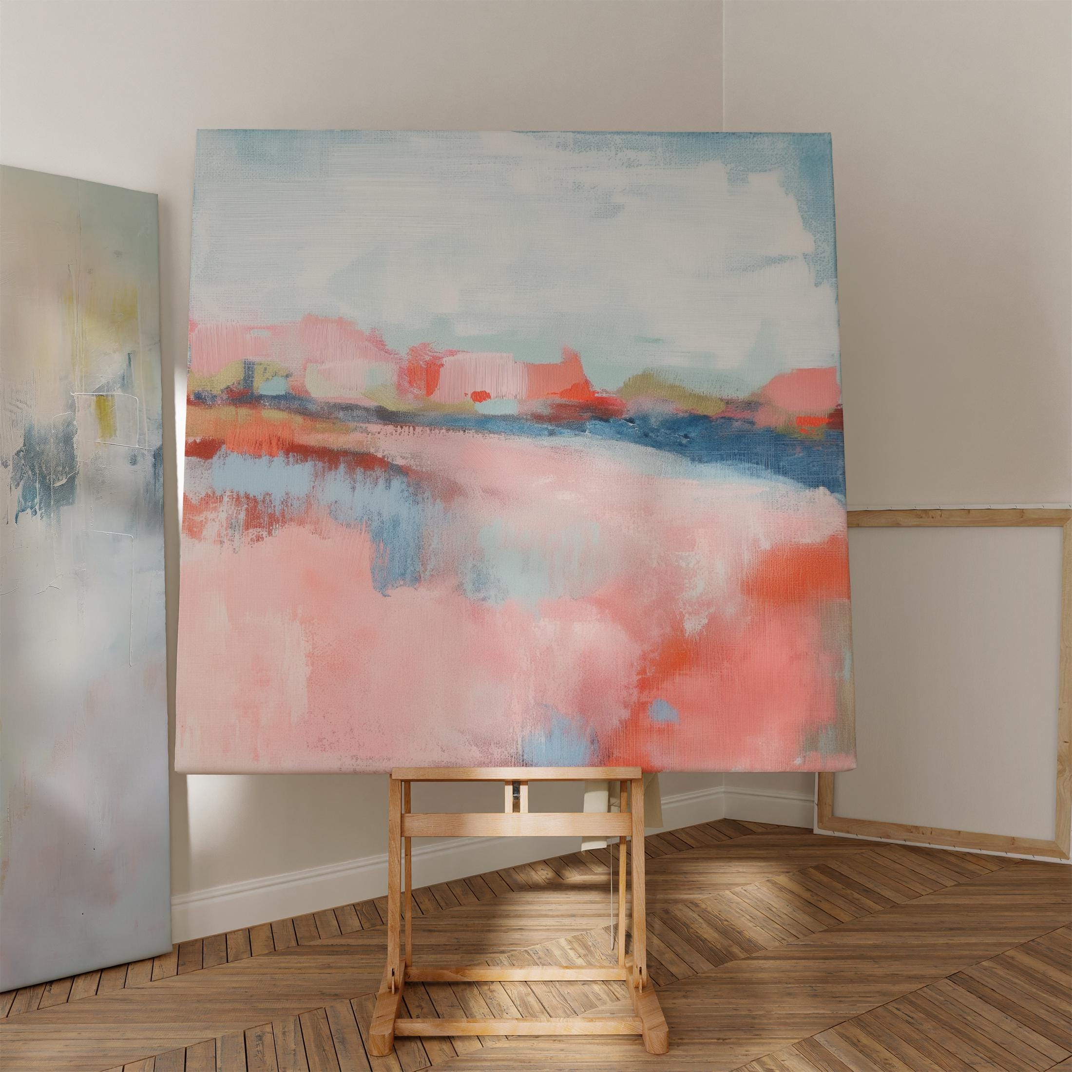 Soft Bright Abstract Canvas Art Coral Blush Blue Square Painting Pastel Botanicals Modern Decor for Bedroom Living Room Accent 384 Stretched Canvas Art Large abstract wall decor on stretched canvas, gallery-wrapped and ready to hang. Perfect for colorful wall art in living rooms, office spaces, and design projects. Giclée canvas print with bold brushwork and vibrant modern style for impactful home decor. Muse Studio Decor Art.