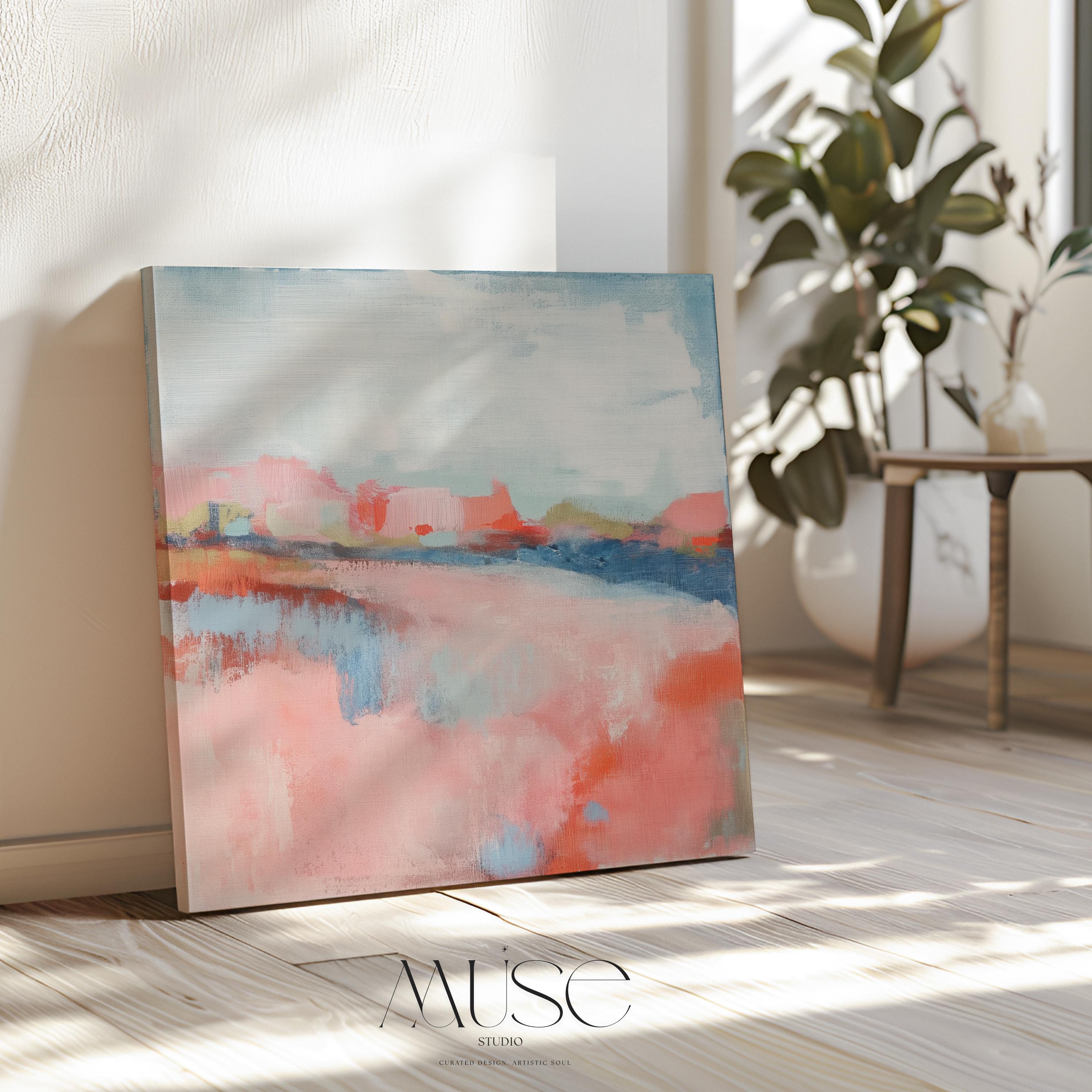 Soft Bright Abstract Canvas Art Coral Blush Blue Square Painting Pastel Botanicals Modern Decor for Bedroom Living Room Accent 384