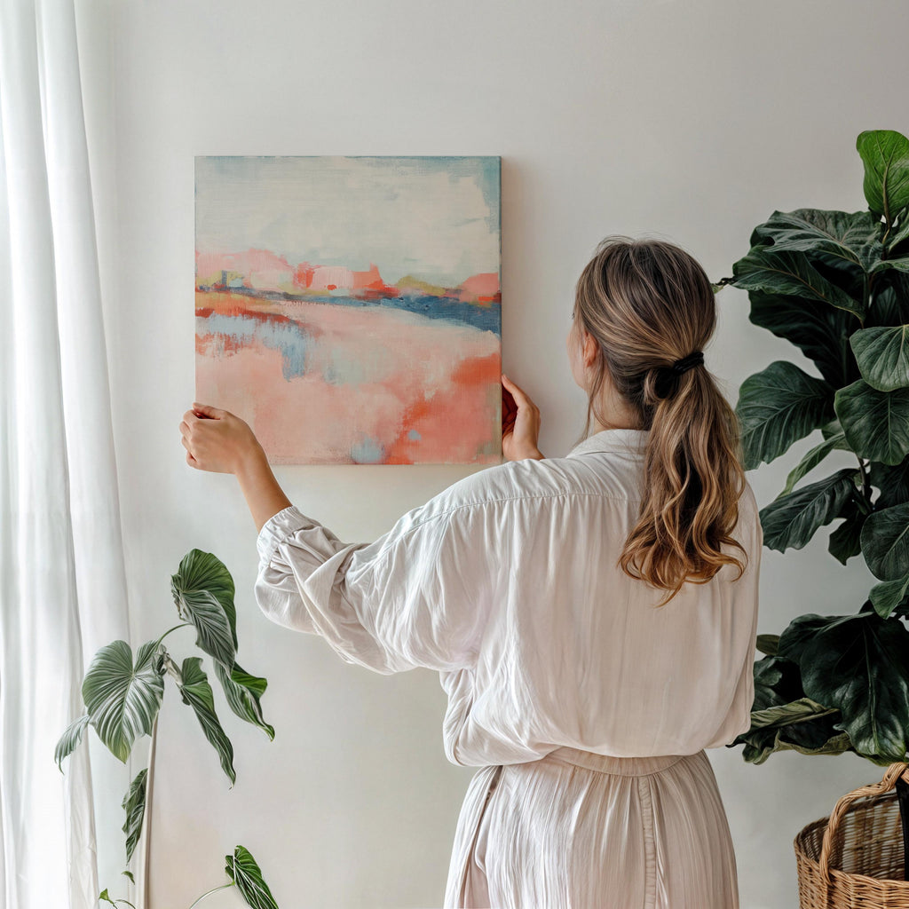 Soft Bright Abstract Canvas Art Coral Blush Blue Square Painting Pastel Botanicals Modern Decor for Bedroom Living Room Accent 384 Stretched Canvas Art Large abstract wall decor on stretched canvas, gallery-wrapped and ready to hang. Perfect for colorful wall art in living rooms, office spaces, and design projects. Giclée canvas print with bold brushwork and vibrant modern style for impactful home decor. Muse Studio Decor Art.