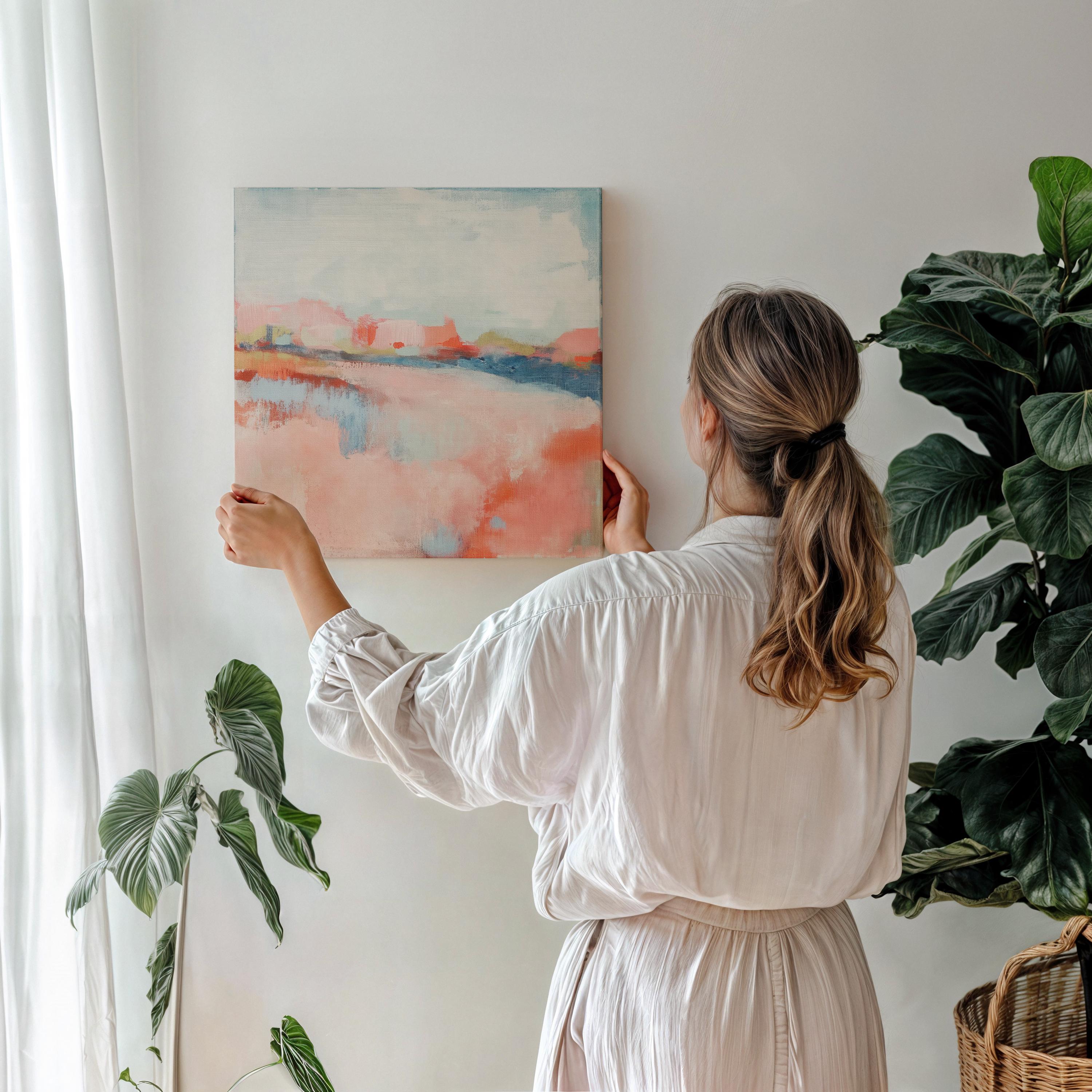 Soft Bright Abstract Canvas Art Coral Blush Blue Square Painting Pastel Botanicals Modern Decor for Bedroom Living Room Accent 384 Stretched Canvas Art Large abstract wall decor on stretched canvas, gallery-wrapped and ready to hang. Perfect for colorful wall art in living rooms, office spaces, and design projects. Giclée canvas print with bold brushwork and vibrant modern style for impactful home decor. Muse Studio Decor Art.