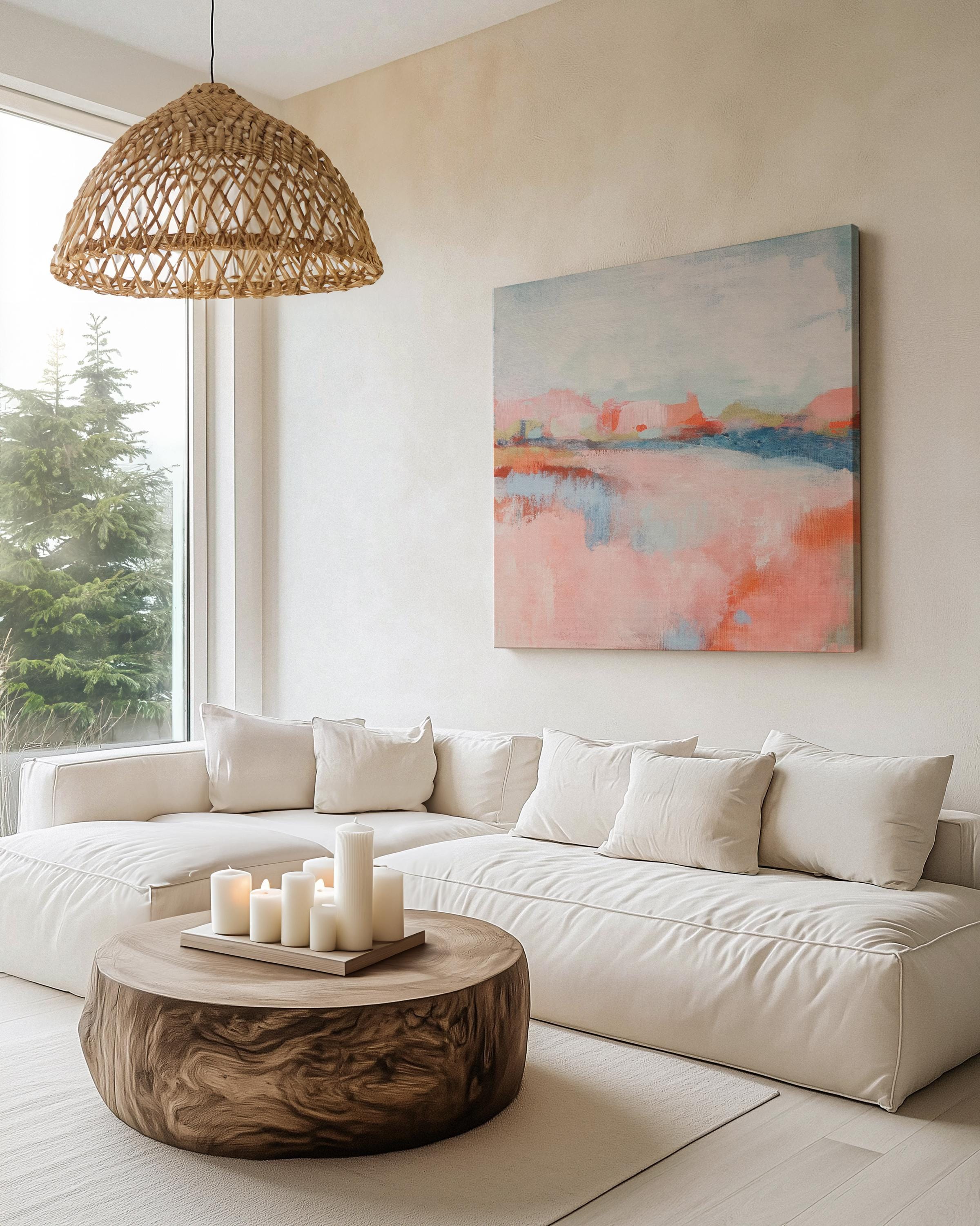 Soft Bright Abstract Canvas Art Coral Blush Blue Square Painting Pastel Botanicals Modern Decor for Bedroom Living Room Accent 384 Stretched Canvas Art Large abstract wall decor on stretched canvas, gallery-wrapped and ready to hang. Perfect for colorful wall art in living rooms, office spaces, and design projects. Giclée canvas print with bold brushwork and vibrant modern style for impactful home decor. Muse Studio Decor Art.