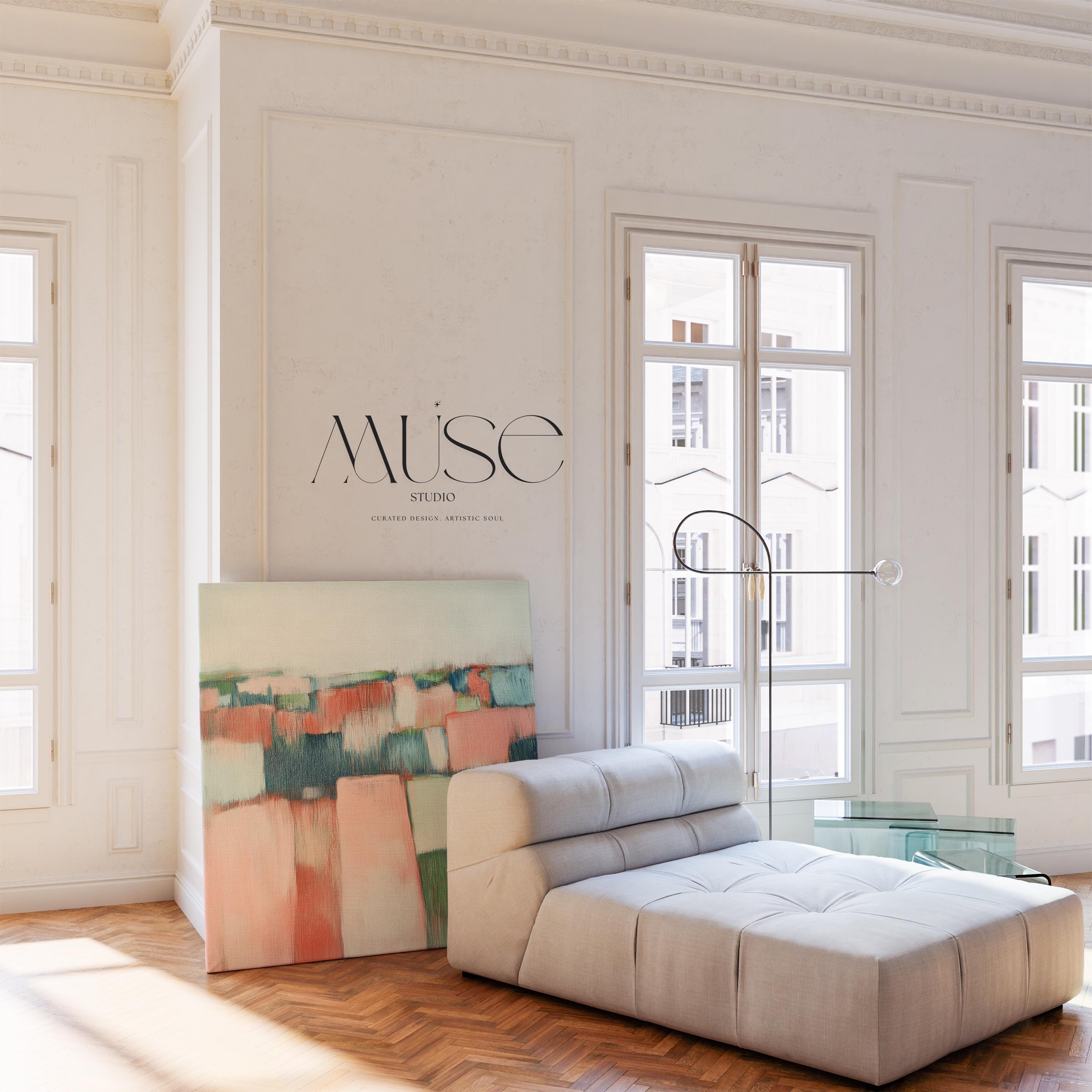 Horizontal abstract wall art featuring coral pink, soft green, and muted neutral tones in a rustic farmhouse boho style. Ideal for living rooms, bedrooms, or transitional interiors. Available as framed canvas or gallery-wrapped giclée wall art by Muse Studio.