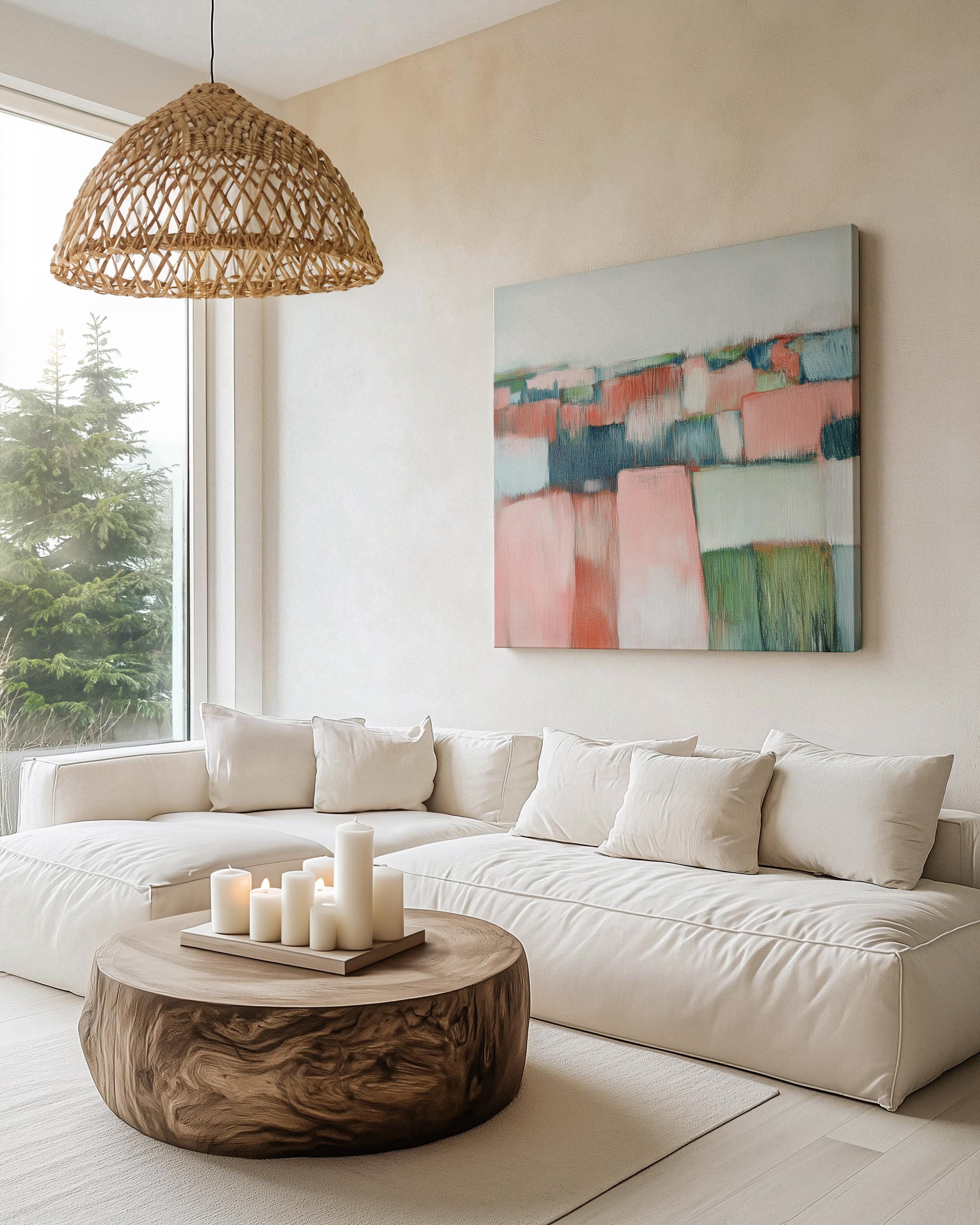 Horizontal abstract wall art featuring coral pink, soft green, and muted neutral tones in a rustic farmhouse boho style. Ideal for living rooms, bedrooms, or transitional interiors. Available as framed canvas or gallery-wrapped giclée wall art by Muse Studio.