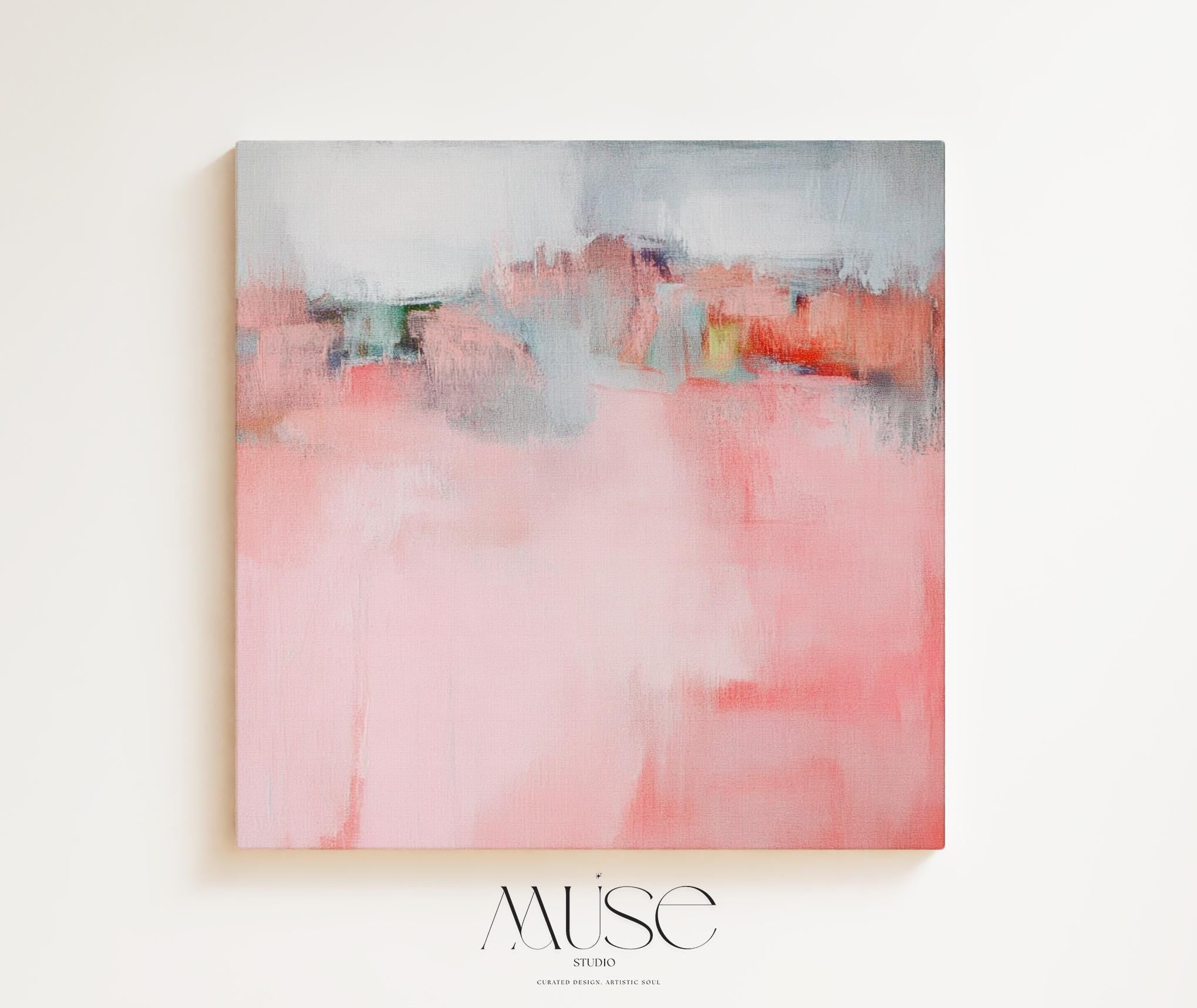 Soft Abstract Canvas Art Pink Blush Coral Square Painting Muted Modern Calm Color Palette Living Room Bedroom Decor Accent 386