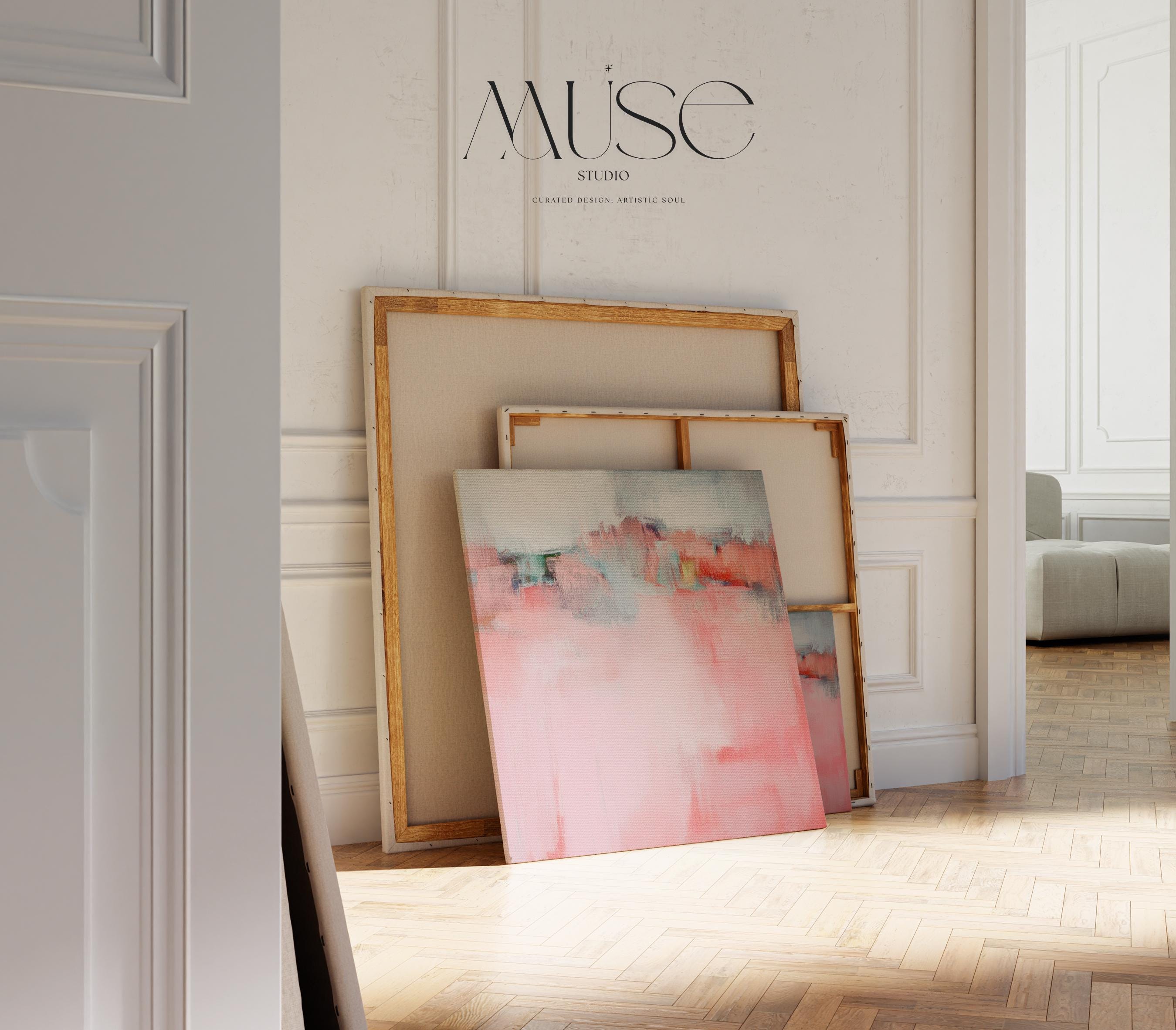 Soft Abstract Canvas Art Pink Blush Coral Square Painting Muted Modern Calm Color Palette Living Room Bedroom Decor Accent 386