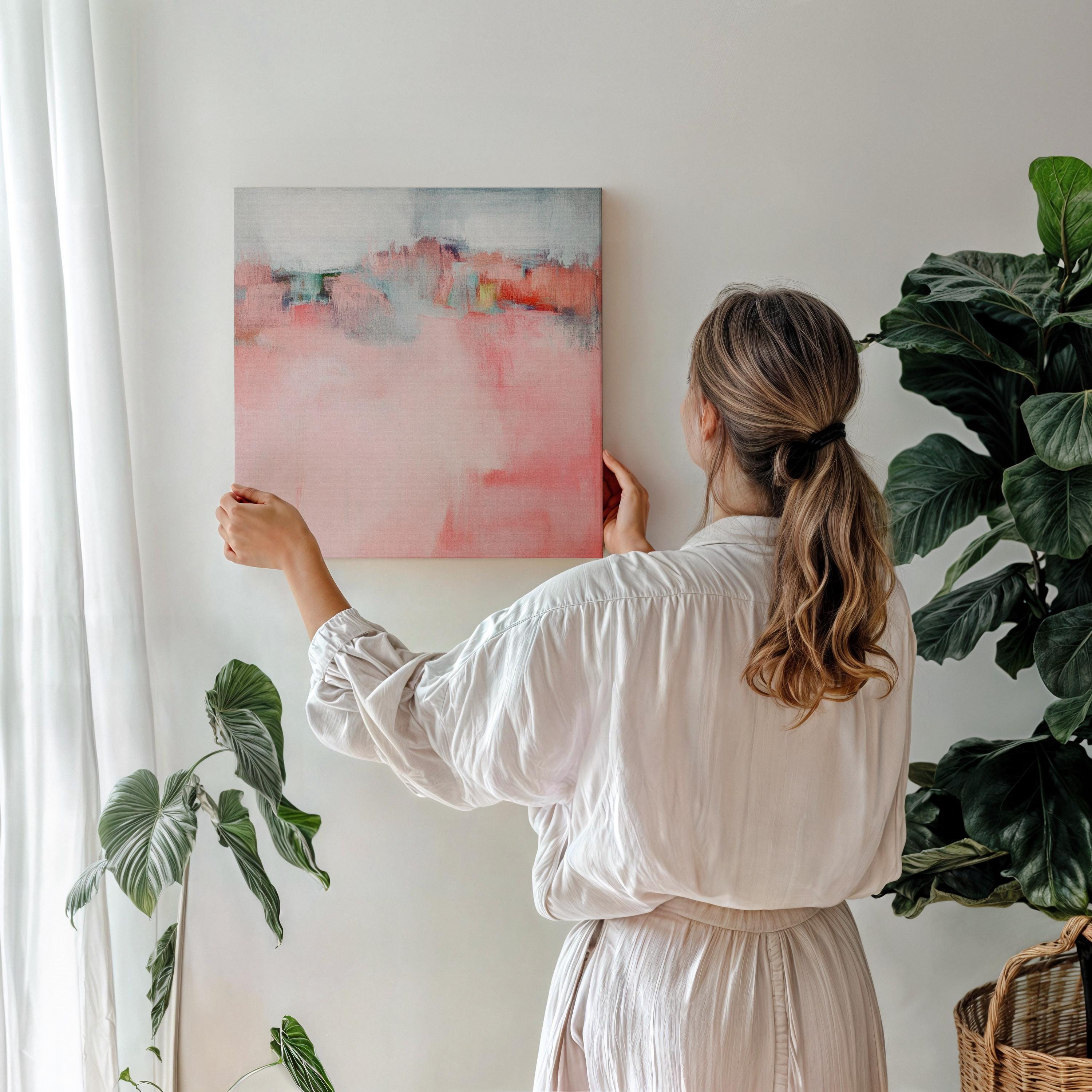 Soft Abstract Canvas Art Pink Blush Coral Square Painting Muted Modern Calm Color Palette Living Room Bedroom Decor Accent 386
