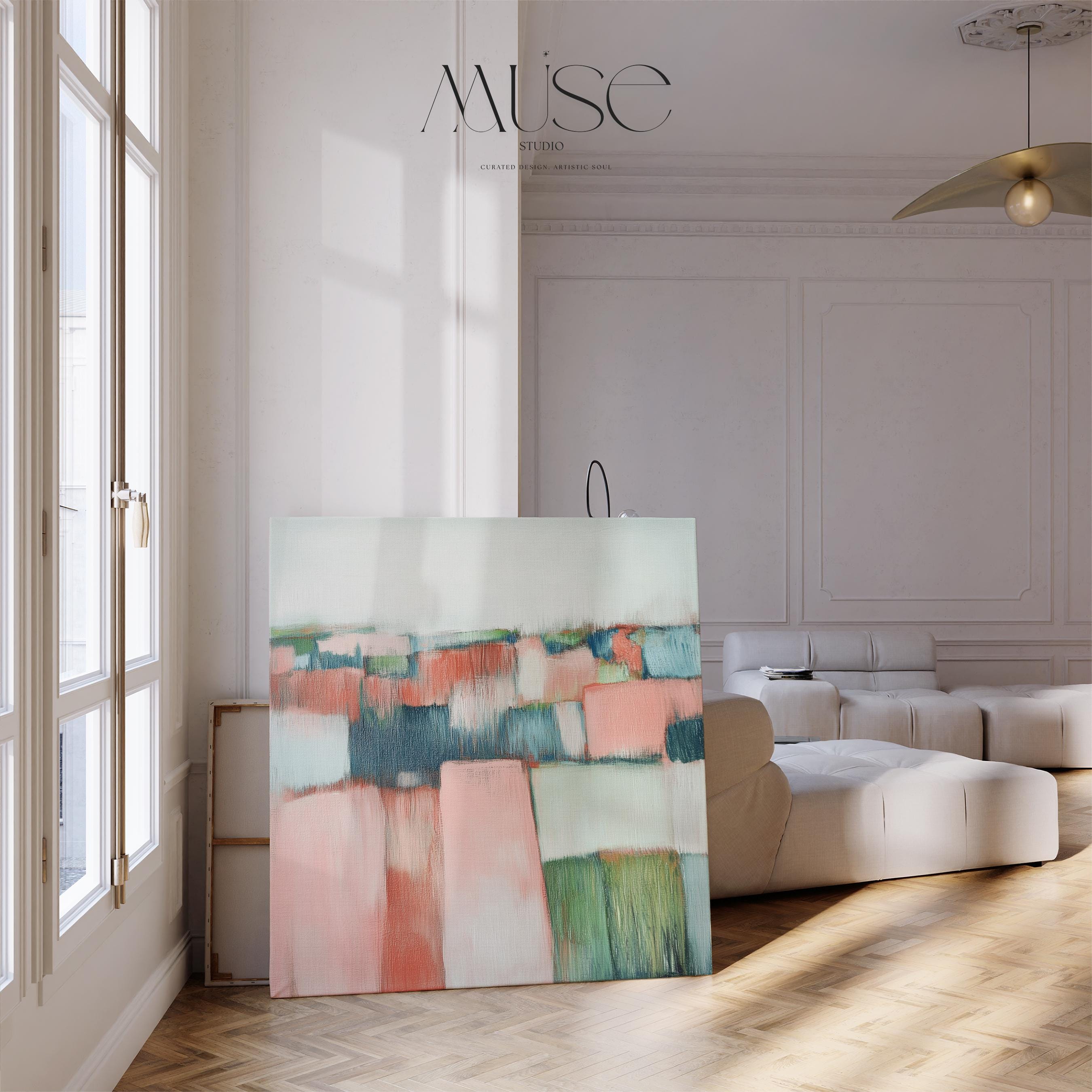 Horizontal abstract wall art featuring coral pink, soft green, and muted neutral tones in a rustic farmhouse boho style. Ideal for living rooms, bedrooms, or transitional interiors. Available as framed canvas or gallery-wrapped giclée wall art by Muse Studio.