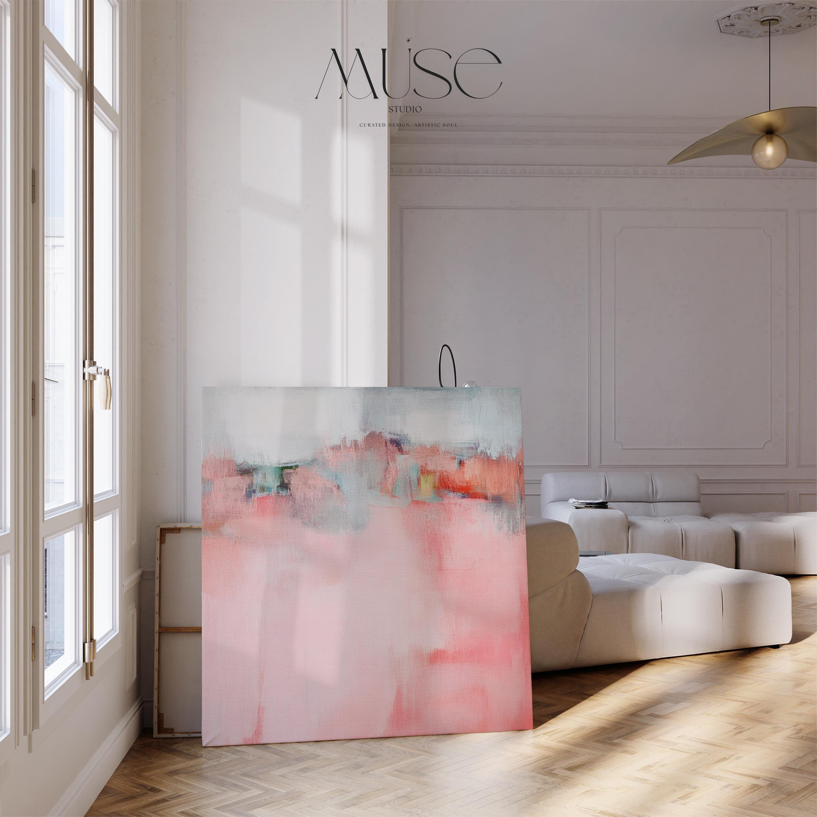 Soft Abstract Canvas Art Pink Blush Coral Square Painting Muted Modern Calm Color Palette Living Room Bedroom Decor Accent 386