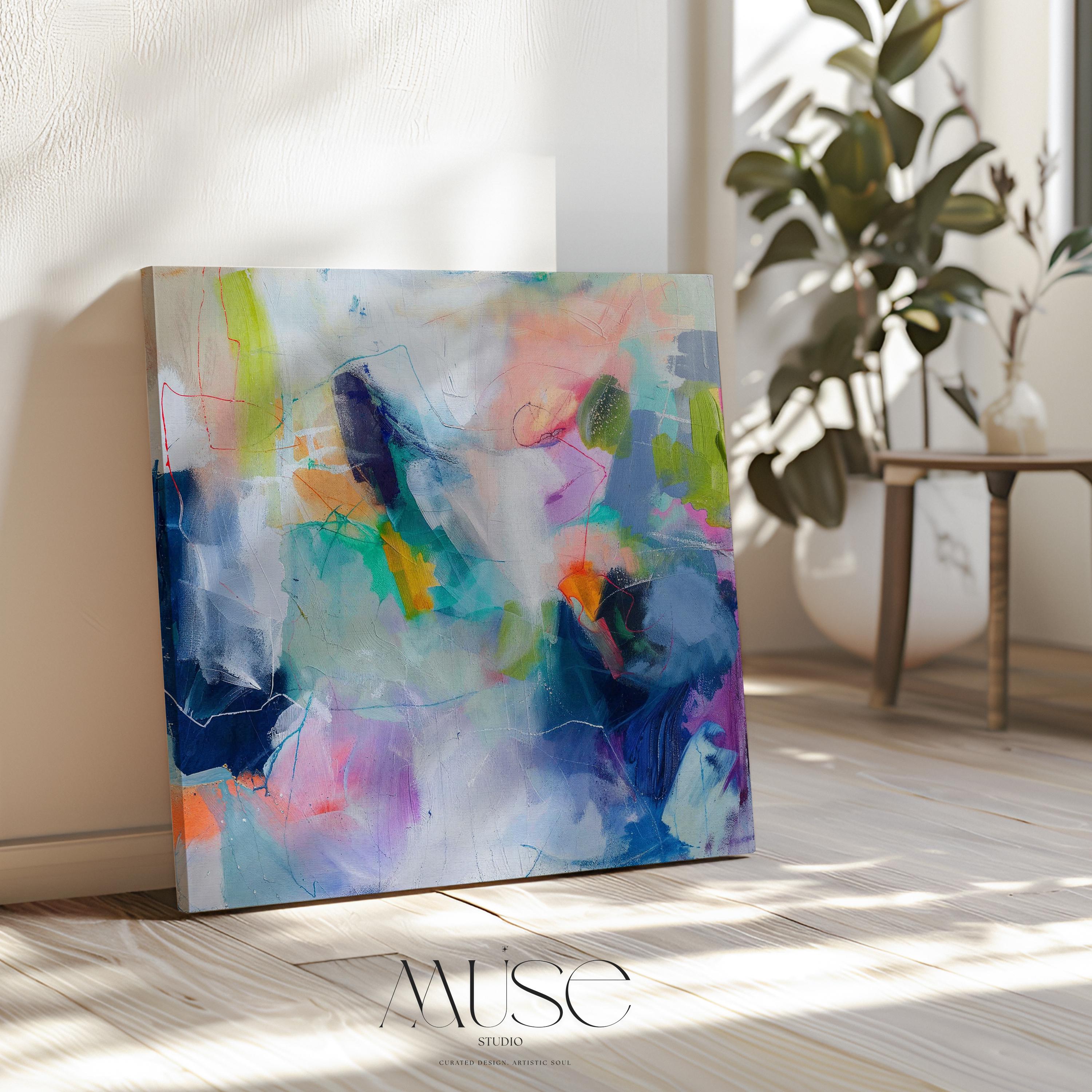 Bright Square Canvas Art in Pink Blue Green, Abstract Poster Print or Canvas for Preppy Wall Decor, Bold Colorful Art Bedroom or Office 249