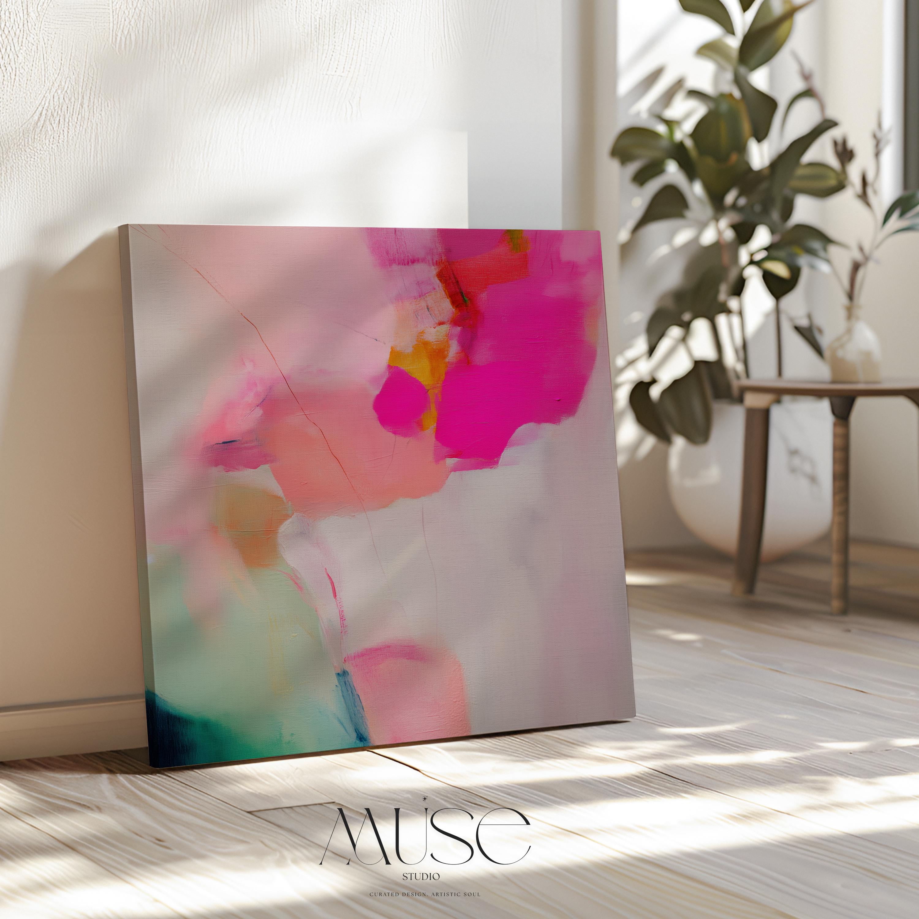 Square Canvas Wall Art in Hot Pink and Coral, Color Pop Abstract Painting for Living Room or Bedroom, Modern Bold Statement Decor 433
