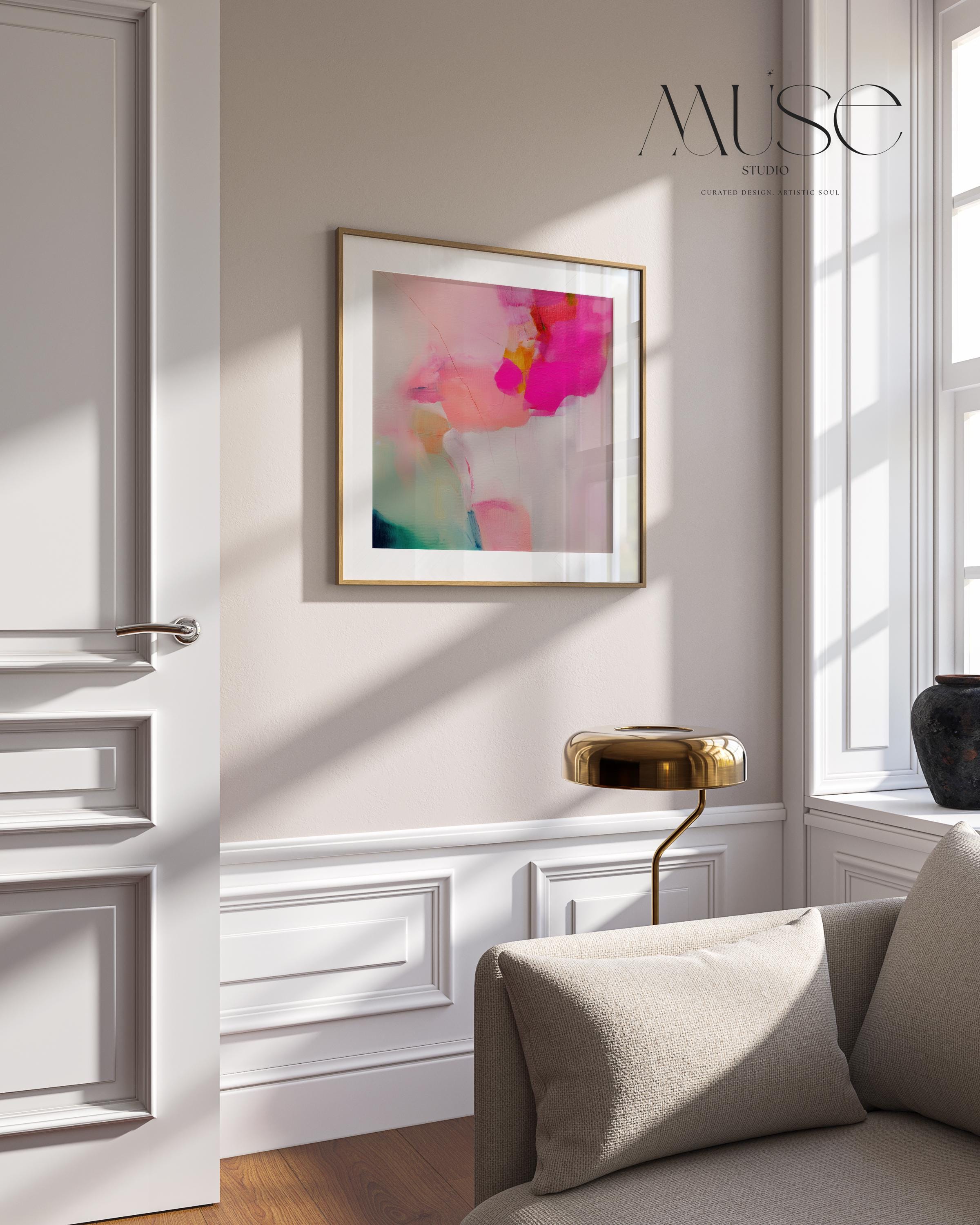 Bright Abstract Poster in Pink Fuchsia and Orange, Color Pop Art Print for Dorms or Bedrooms, Preppy Modern Wall Decor for Bold Interiors