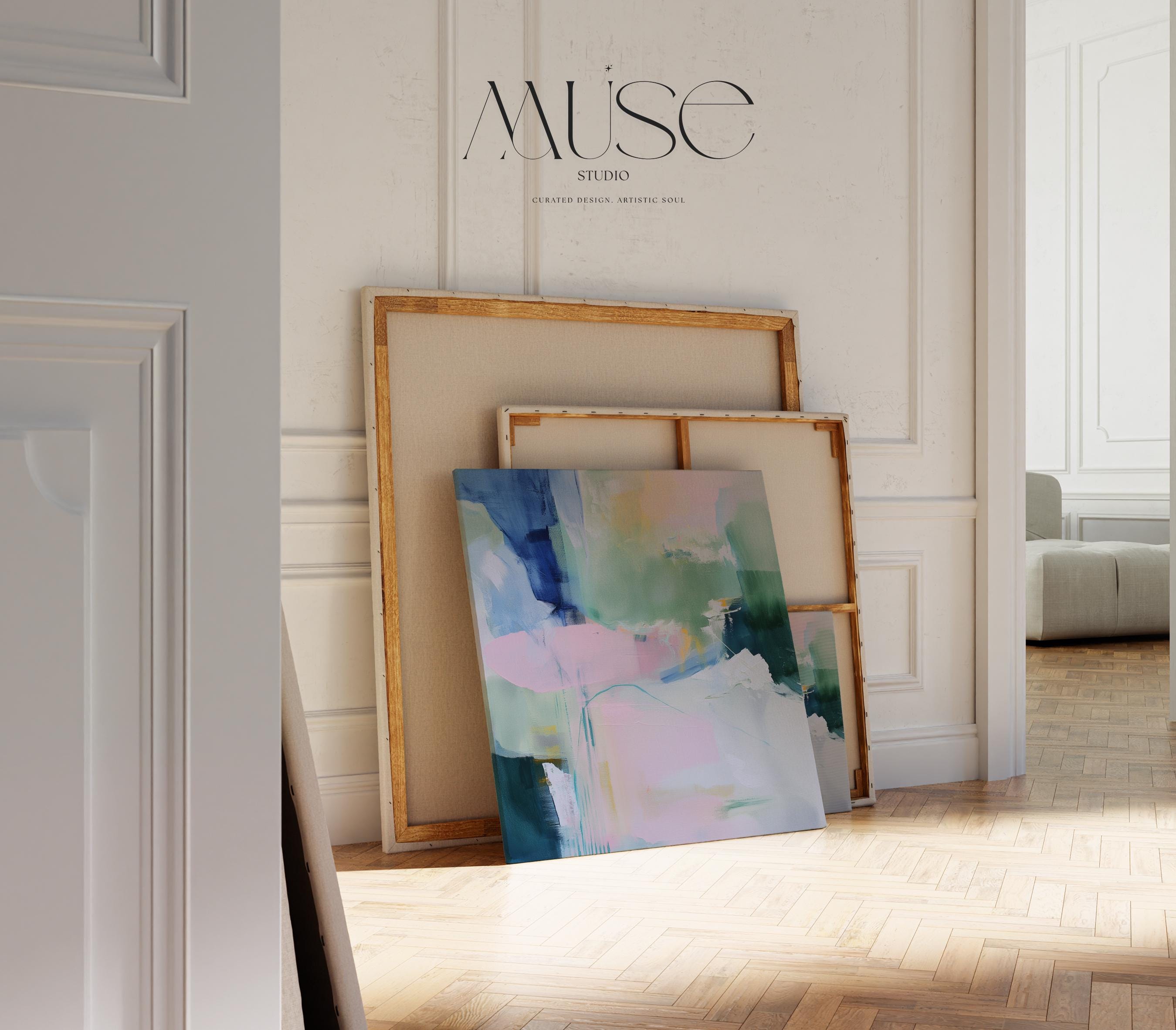 Square Canvas Art in Soft Green and Lavender, Abstract Painting for Modern Interiors, Large Pastel Wall Art for Living Room or Bedroom Stretched Canvas Art Large abstract wall decor on stretched canvas, gallery-wrapped and ready to hang. Perfect for colorful wall art in living rooms, office spaces, and design projects. Giclée canvas print with bold brushwork and vibrant modern style for impactful home decor. Muse Studio Decor Art.