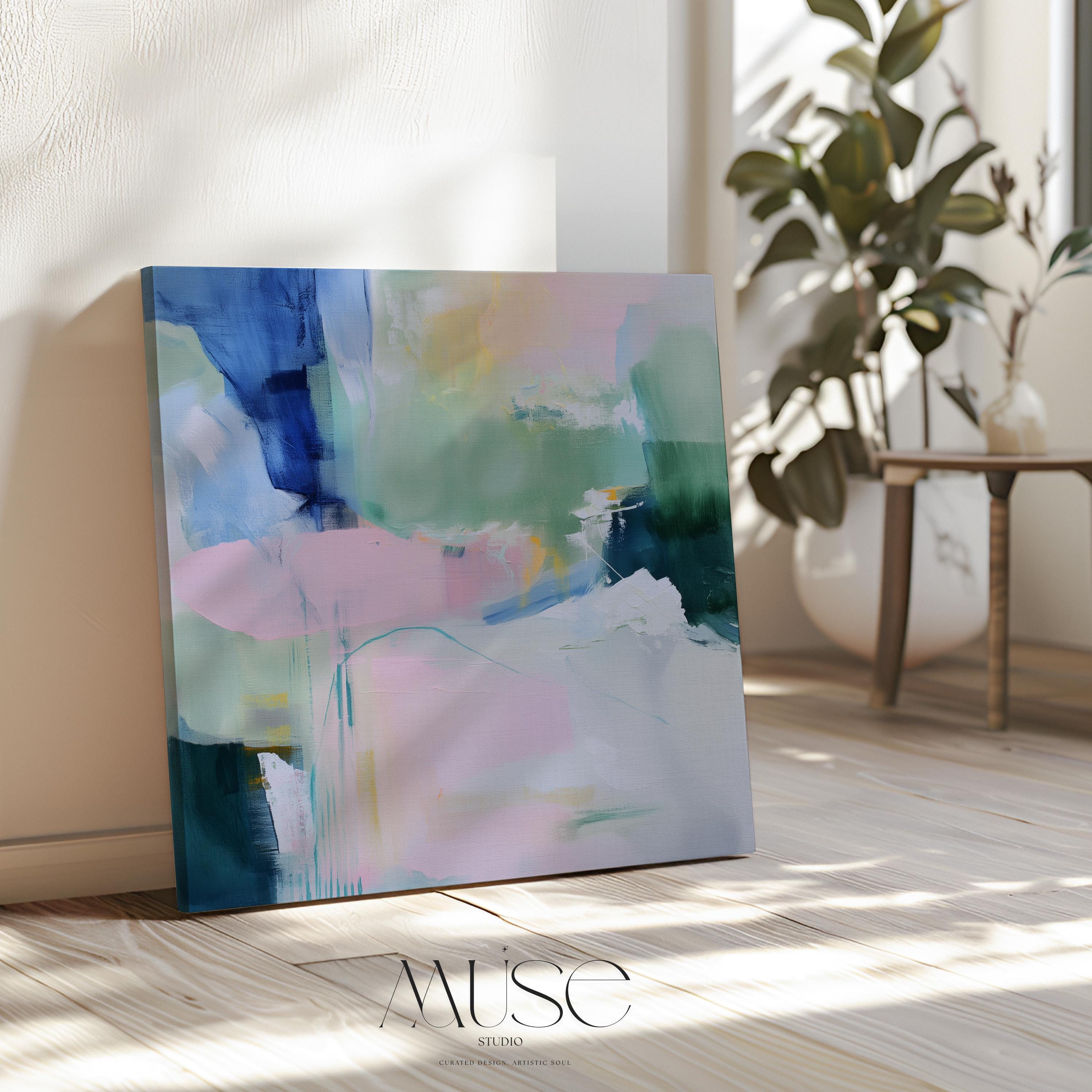 Square Canvas Art in Soft Green and Lavender, Abstract Painting for Modern Interiors, Large Pastel Wall Art for Living Room or Bedroom