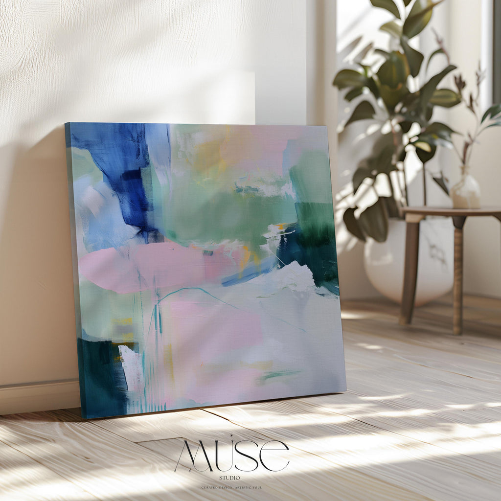 Square Canvas Art in Soft Green and Lavender, Abstract Painting for Modern Interiors, Large Pastel Wall Art for Living Room or Bedroom Stretched Canvas Art Large abstract wall decor on stretched canvas, gallery-wrapped and ready to hang. Perfect for colorful wall art in living rooms, office spaces, and design projects. Giclée canvas print with bold brushwork and vibrant modern style for impactful home decor. Muse Studio Decor Art.