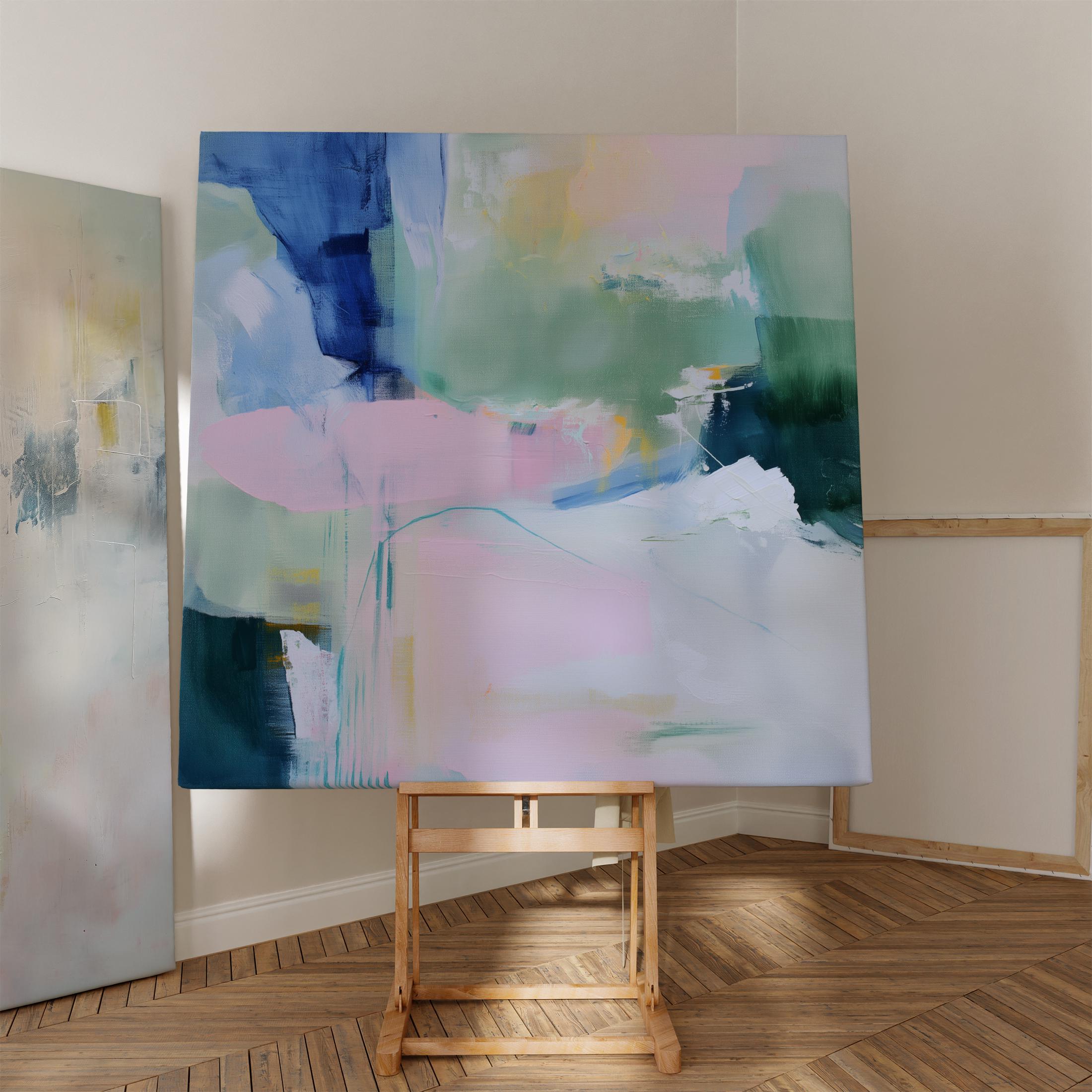 Square Canvas Art in Soft Green and Lavender, Abstract Painting for Modern Interiors, Large Pastel Wall Art for Living Room or Bedroom