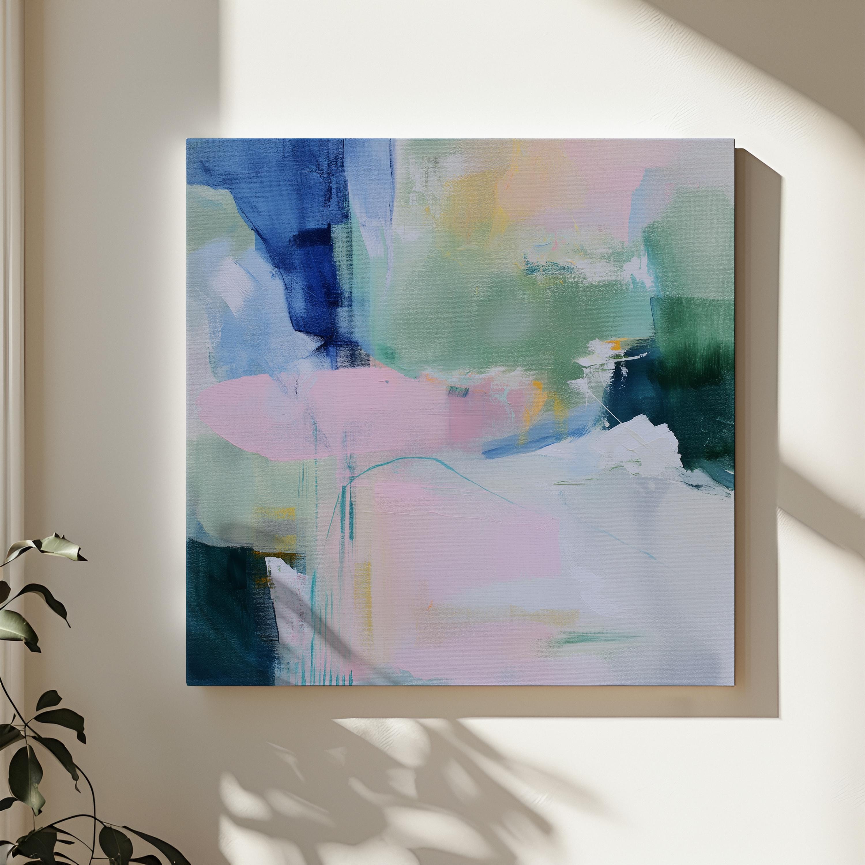 Square Canvas Art in Soft Green and Lavender, Abstract Painting for Modern Interiors, Large Pastel Wall Art for Living Room or Bedroom