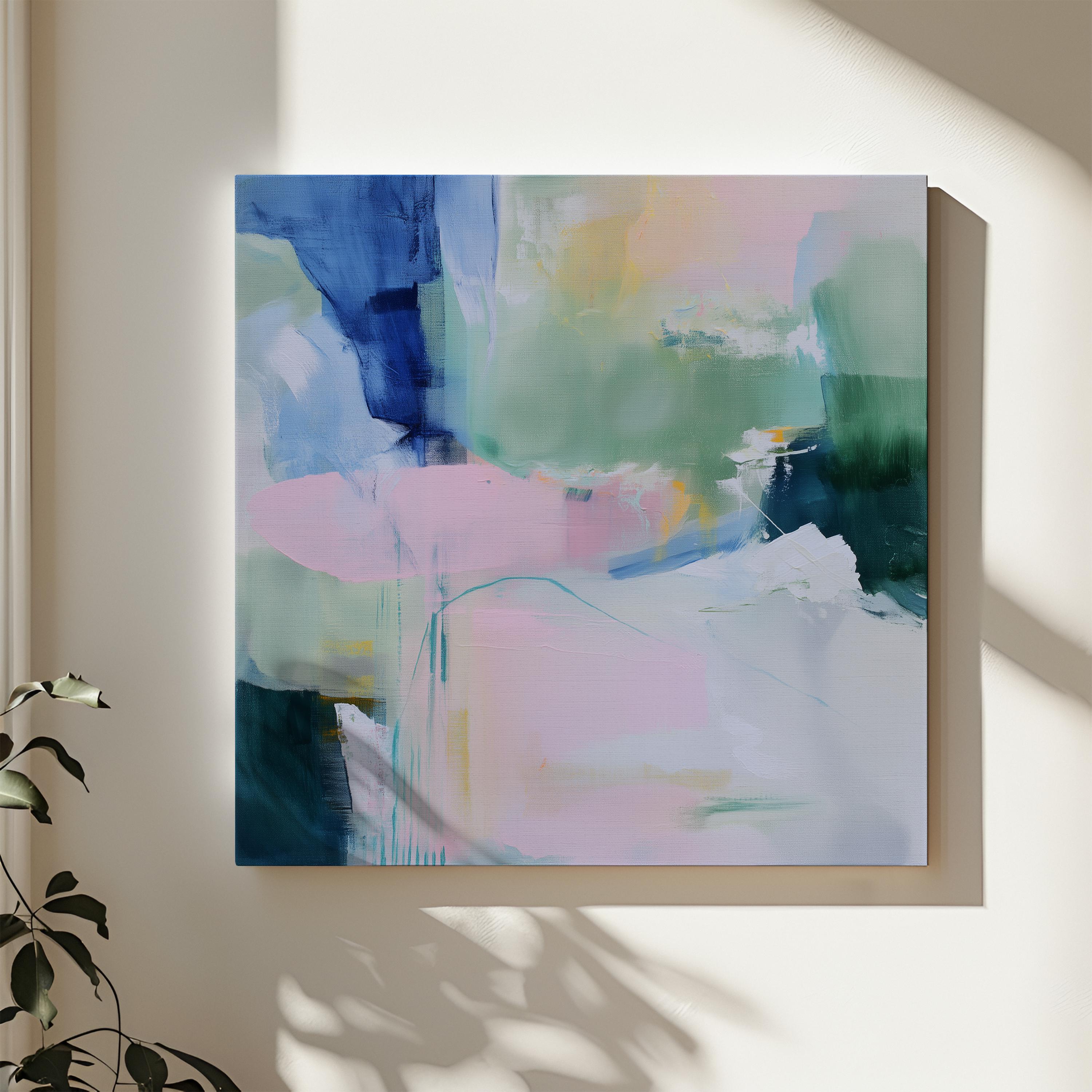 Square Canvas Art in Soft Green and Lavender, Abstract Painting for Modern Interiors, Large Pastel Wall Art for Living Room or Bedroom Stretched Canvas Art Large abstract wall decor on stretched canvas, gallery-wrapped and ready to hang. Perfect for colorful wall art in living rooms, office spaces, and design projects. Giclée canvas print with bold brushwork and vibrant modern style for impactful home decor. Muse Studio Decor Art.
