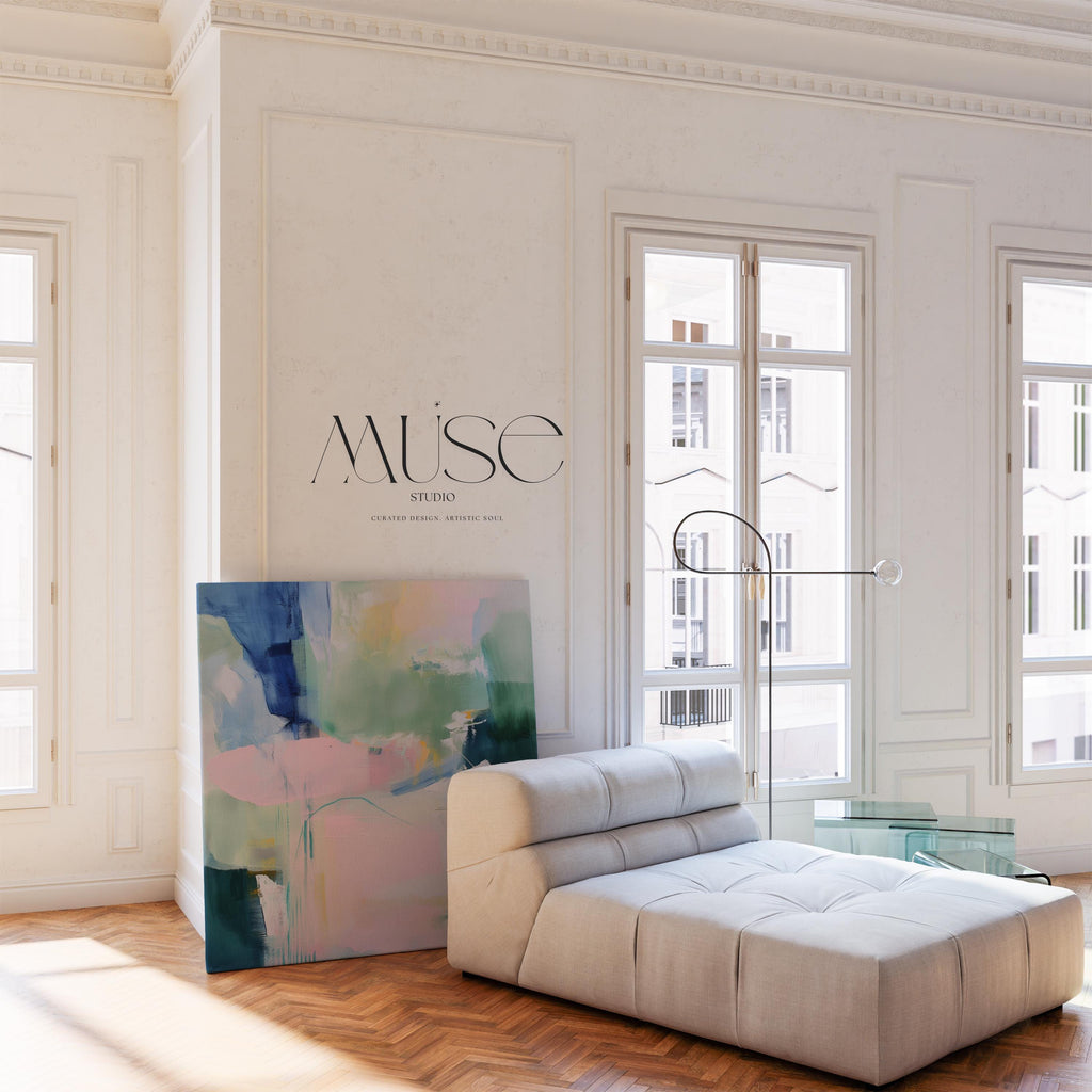 Square Canvas Art in Soft Green and Lavender, Abstract Painting for Modern Interiors, Large Pastel Wall Art for Living Room or Bedroom