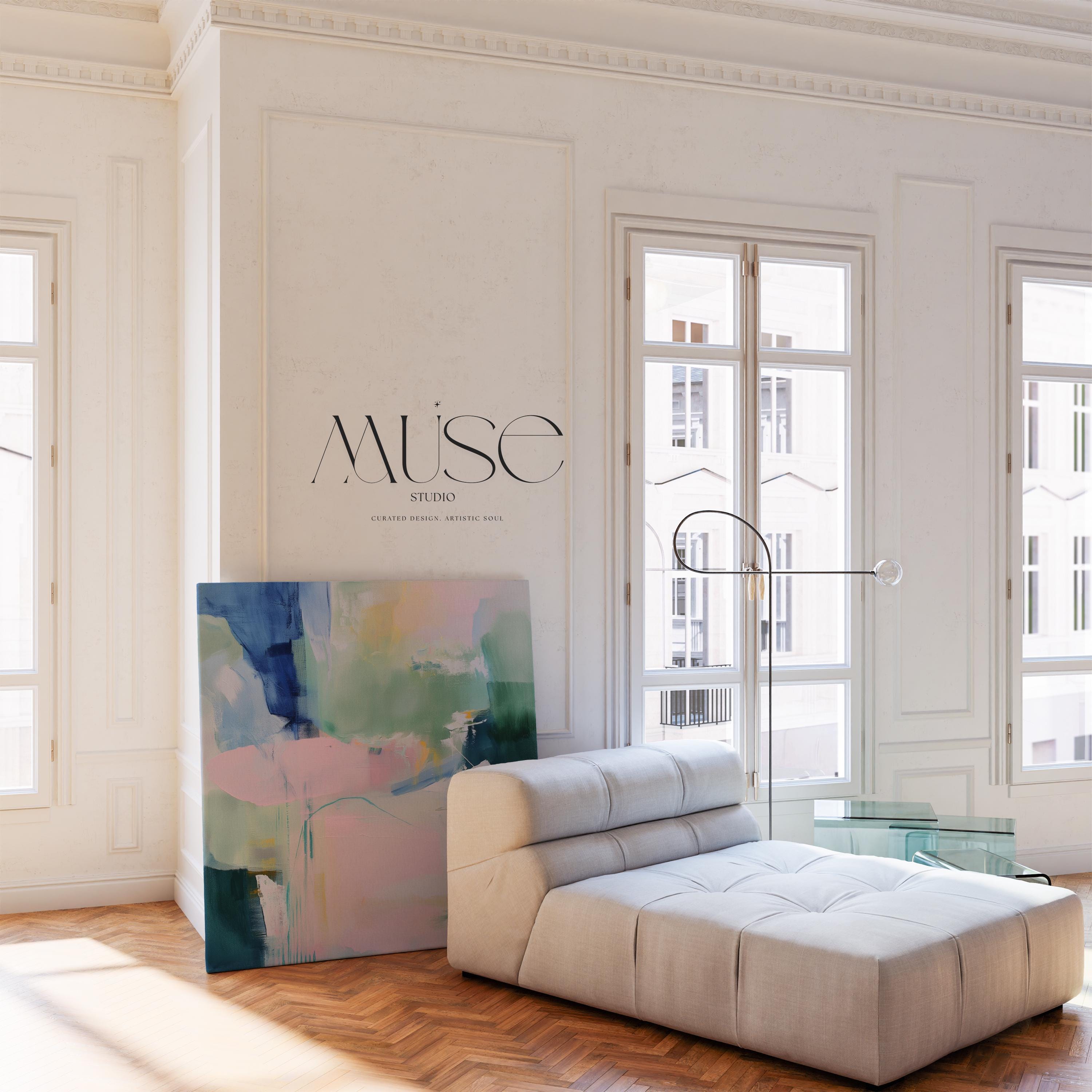 Square Canvas Art in Soft Green and Lavender, Abstract Painting for Modern Interiors, Large Pastel Wall Art for Living Room or Bedroom