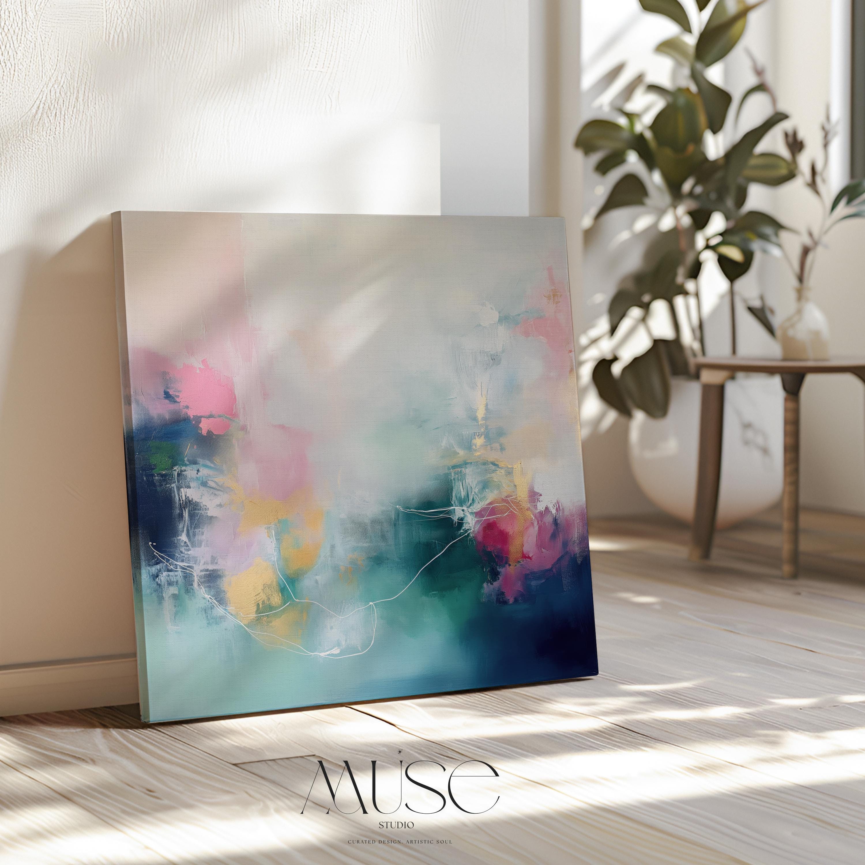 Soft Abstract Canvas Art in Pink Teal & Deep Blue, Square Framed Artwork Bedrooms or Living Rooms, Dreamy Colorful Statement Wall Art 202 Stretched Canvas Art Large abstract wall decor on stretched canvas, gallery-wrapped and ready to hang. Perfect for colorful wall art in living rooms, office spaces, and design projects. Giclée canvas print with bold brushwork and vibrant modern style for impactful home decor. Muse Studio Decor Art.