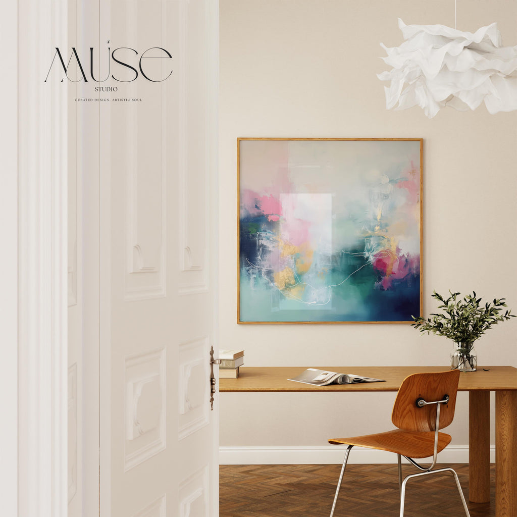 Square art print featuring soft pink and blue abstract brushstrokes in a dreamy contemporary style. Designed for modern interiors and curated spaces, this fine art print brings a colorful yet serene atmosphere to bedrooms, living rooms, or above-bed placements. Available as a rolled fine art poster print on museum-grade paper for custom framing.