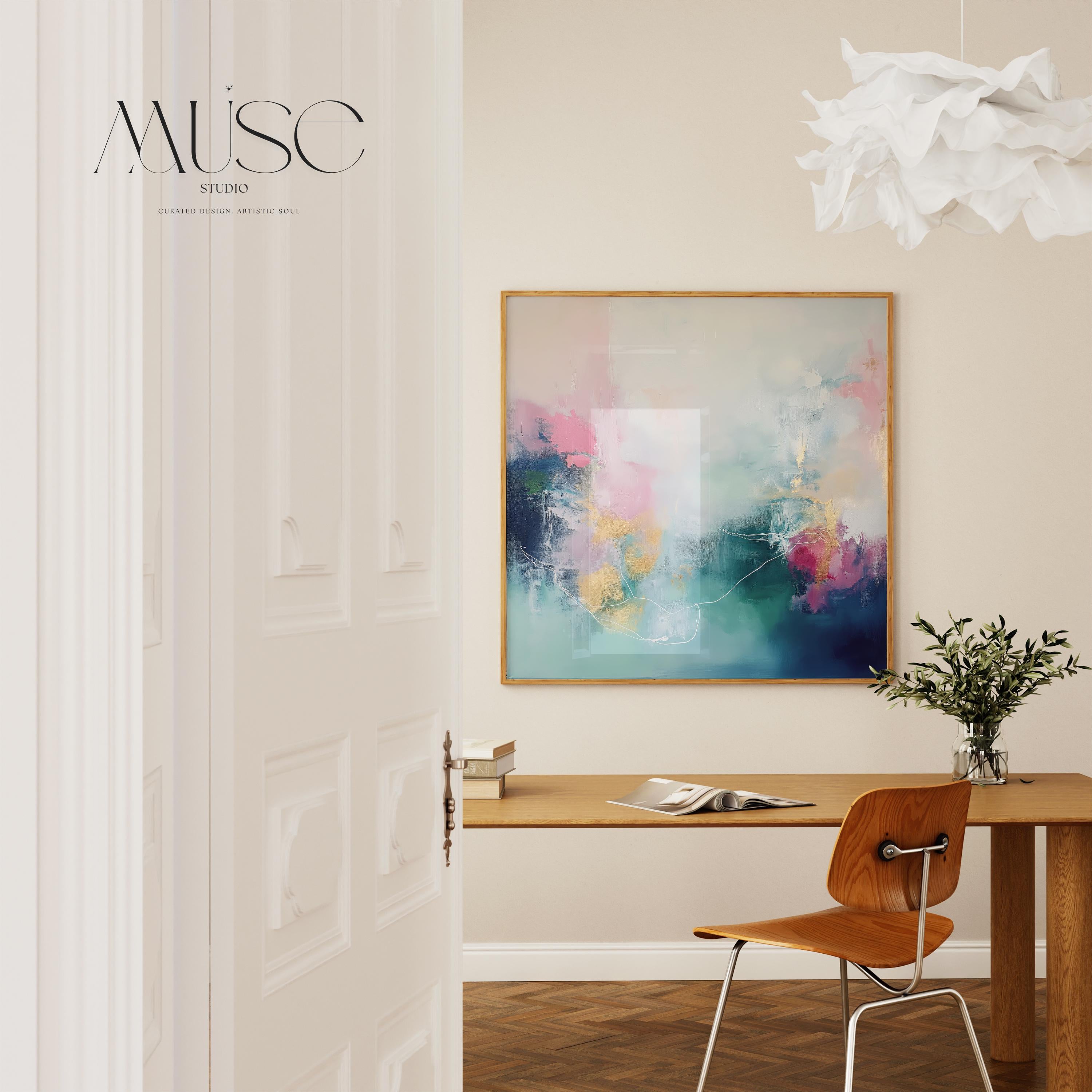 Square art print featuring soft pink and blue abstract brushstrokes in a dreamy contemporary style. Designed for modern interiors and curated spaces, this fine art print brings a colorful yet serene atmosphere to bedrooms, living rooms, or above-bed placements. Available as a rolled fine art poster print on museum-grade paper for custom framing.