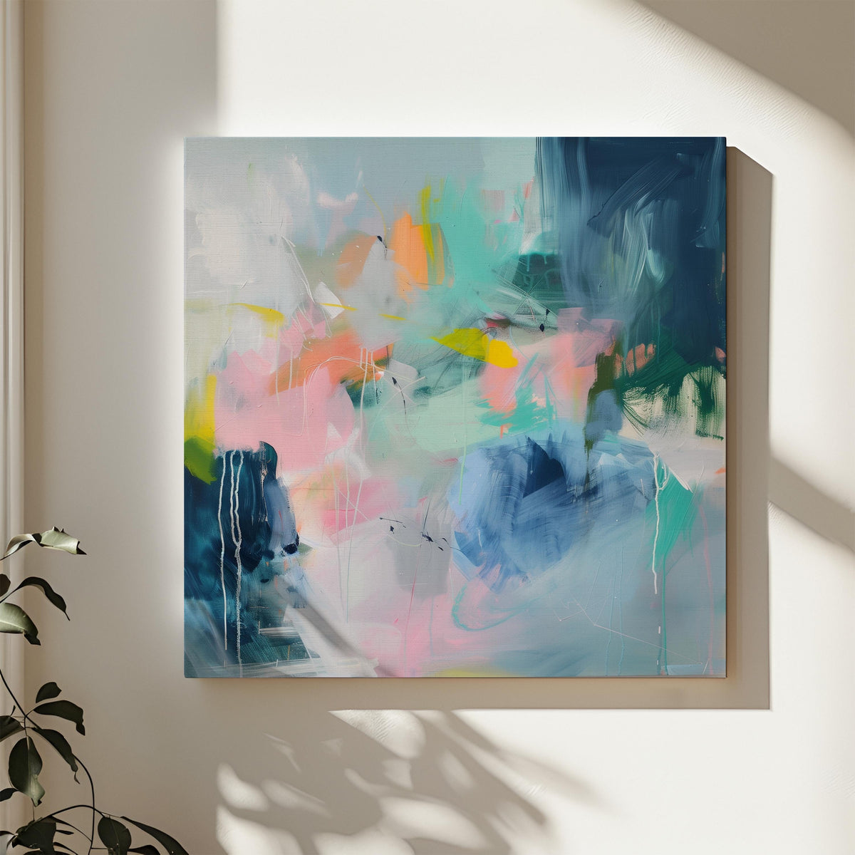 Bold Square Abstract Canvas Wall Art in Pink Blue and Green, Modern Framed Artwork for Living Room Office, Colorful Statement Home Decor 396 Stretched Canvas Art Large abstract wall decor on stretched canvas, gallery-wrapped and ready to hang. Perfect for colorful wall art in living rooms, office spaces, and design projects. Giclée canvas print with bold brushwork and vibrant modern style for impactful home decor. Muse Studio Decor Art.