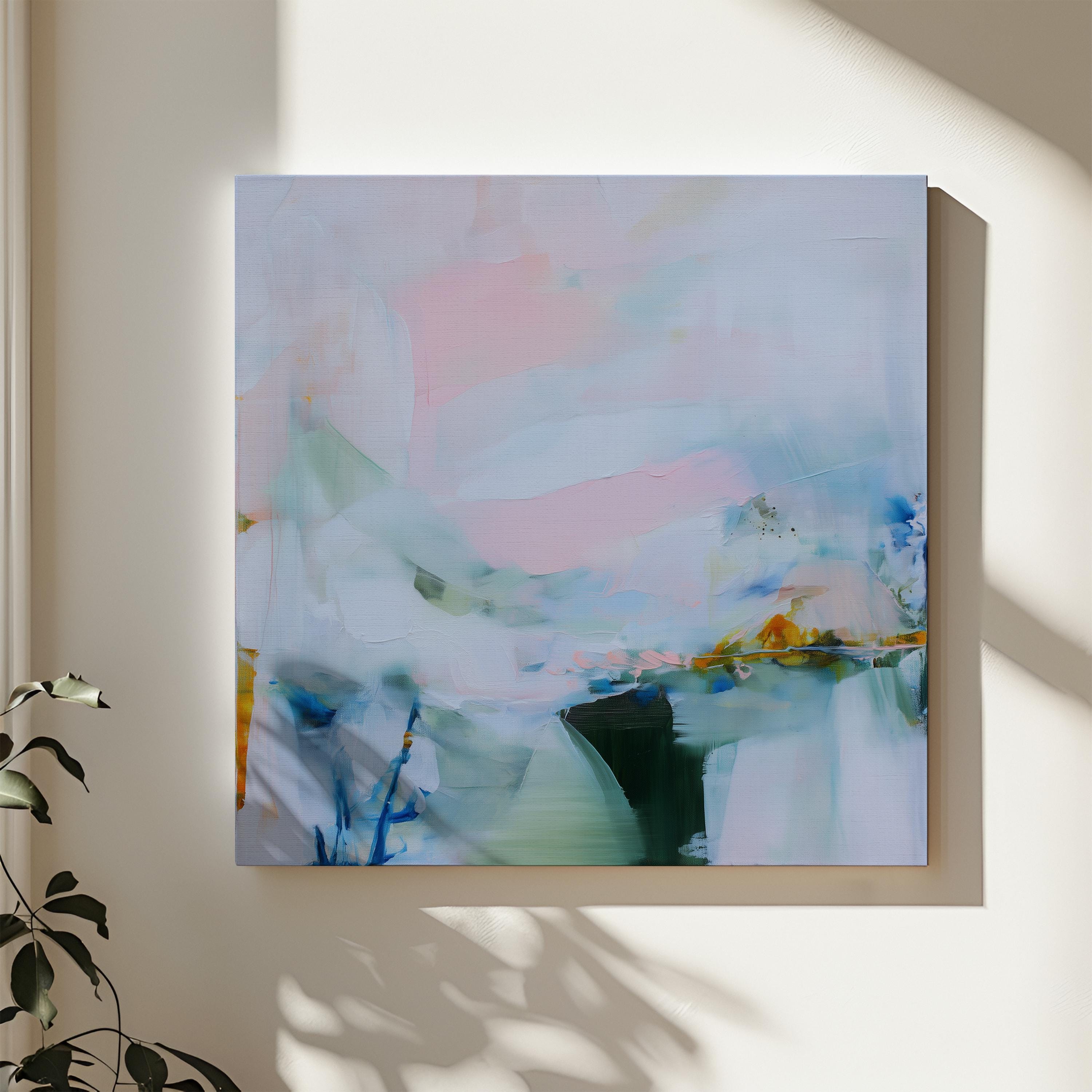 Soft Square Canvas Art in Light Blue Pink and Green, Minimal Abstract Wall Decor for Bedroom Office, Calm Contemporary Statement Artwork 420