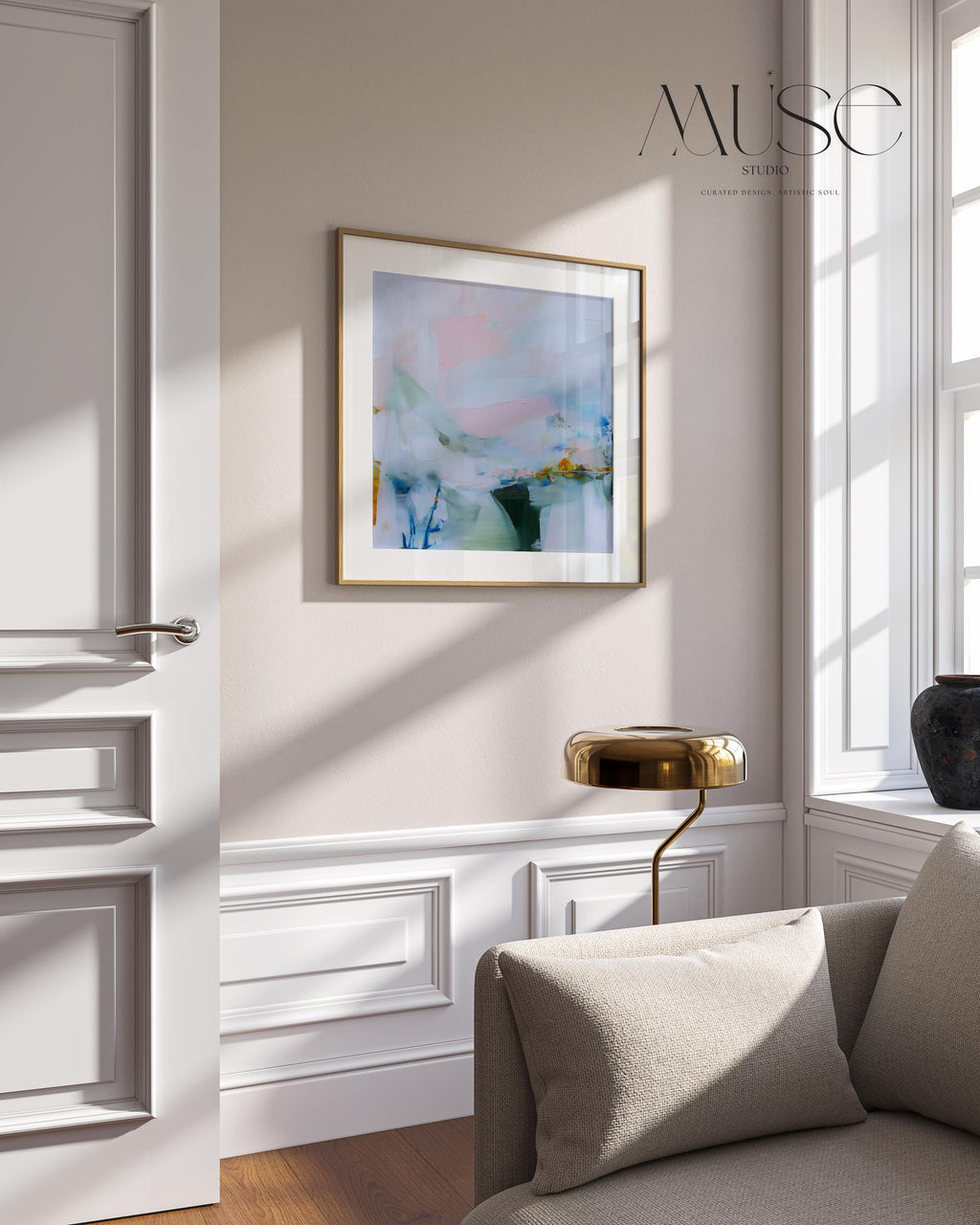 Pastel Abstract Art Print in Blush Pink Blue and Sage Green, Soft Minimalist Wall Poster for Bedroom Home Office, Modern Coastal Decor 420