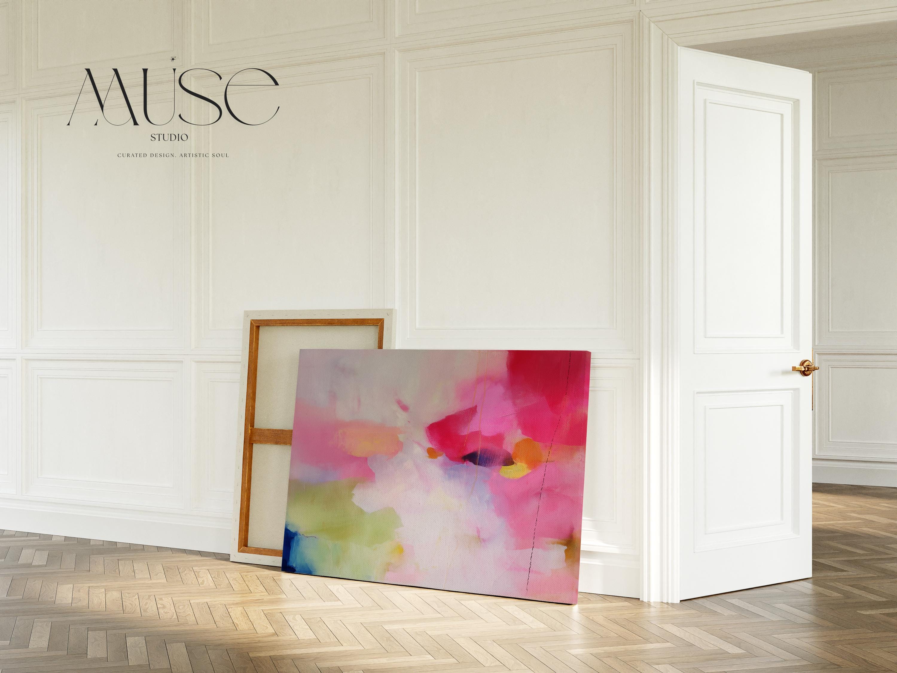 Pastel Abstract Wall Art Pink Blush and Coral Canvas Framed Art for Bedroom or Office Soft Modern Decor | Muse Studio N355