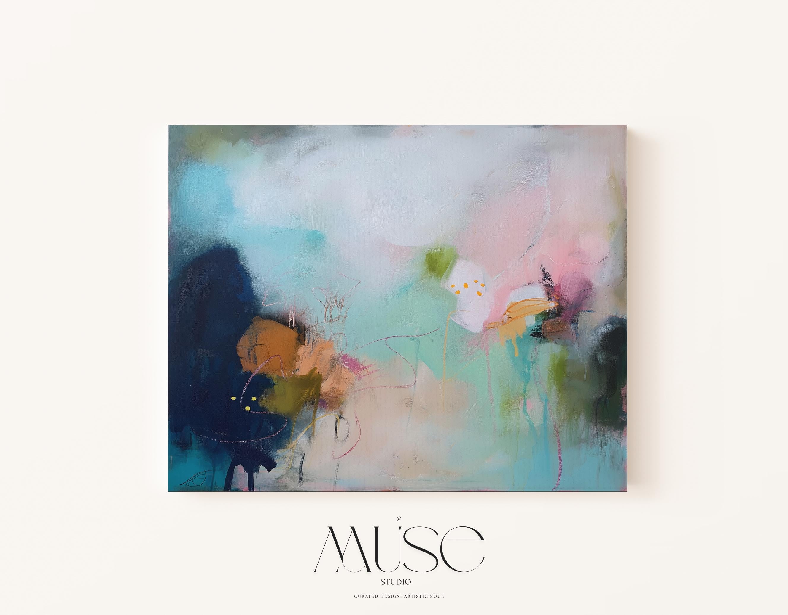 Coastal abstract wall art by Muse Studio featuring aqua, blush pink, moss green, peach, and inky blue painterly layers with delicate linework and a surreal ocean-garden composition. Coral Gardens No. 428 is styled for serene minimal ocean decor, modern bedroom wall art, living room canvas decor, and creative studio spaces, printed with museum-grade giclée inks on premium gallery-wrapped artist canvas with framed canvas options.