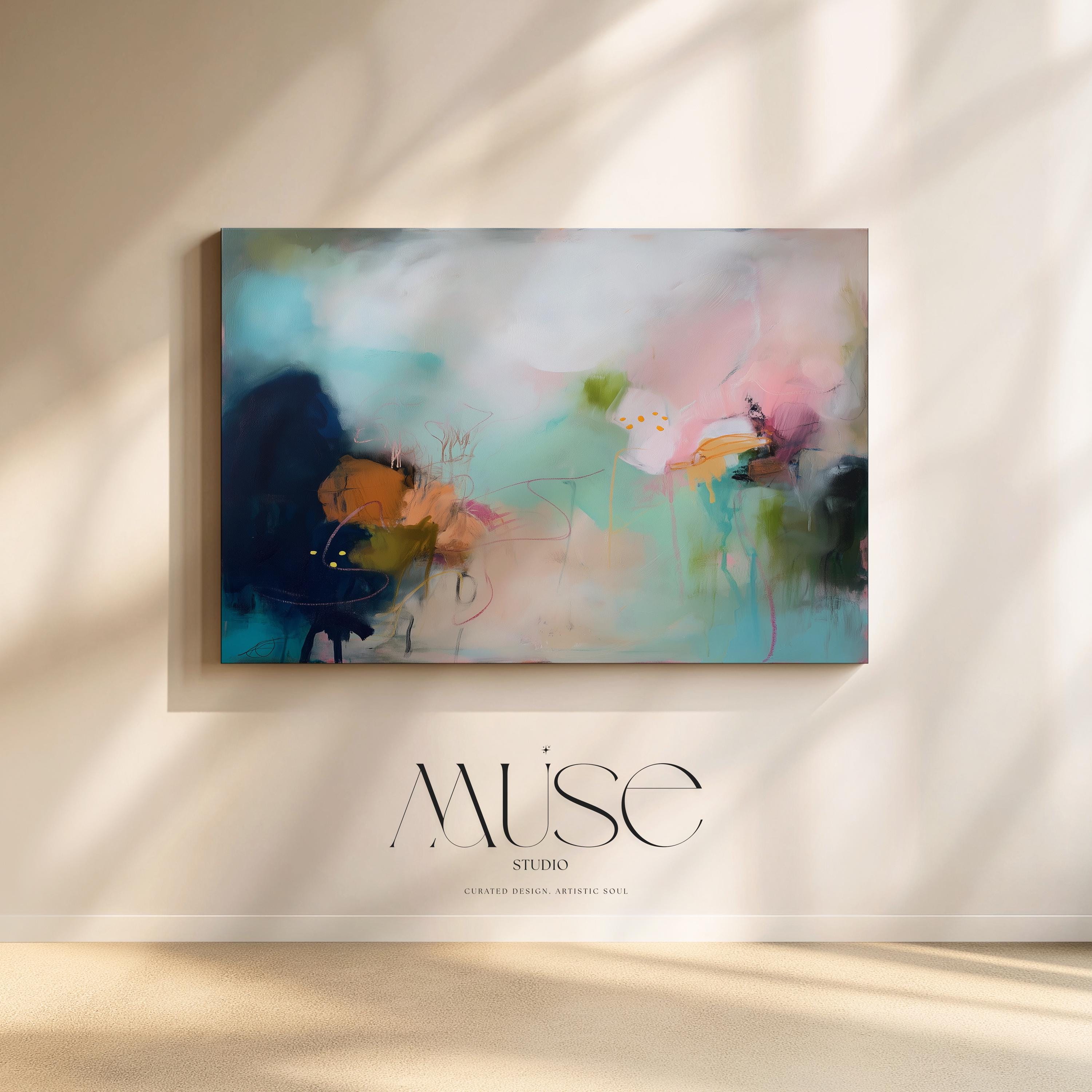 Coastal abstract wall art by Muse Studio featuring aqua, blush pink, moss green, peach, and inky blue painterly layers with delicate linework and a surreal ocean-garden composition. Coral Gardens No. 428 is styled for serene minimal ocean decor, modern bedroom wall art, living room canvas decor, and creative studio spaces, printed with museum-grade giclée inks on premium gallery-wrapped artist canvas with framed canvas options.