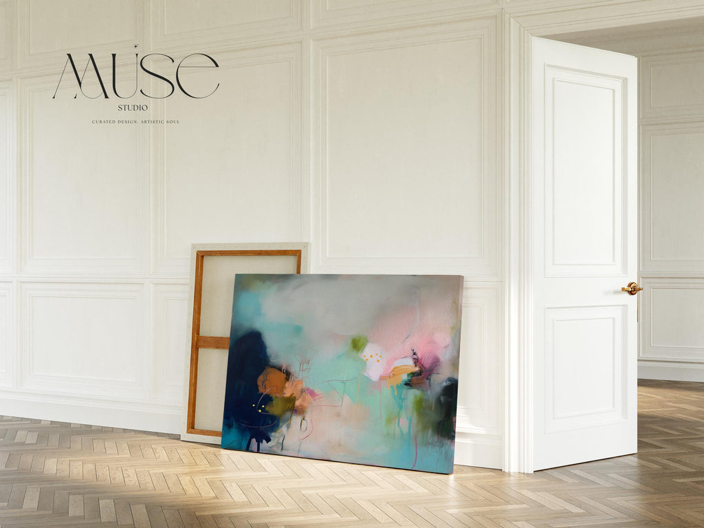 Coastal abstract wall art by Muse Studio featuring aqua, blush pink, moss green, peach, and inky blue painterly layers with delicate linework and a surreal ocean-garden composition. Coral Gardens No. 428 is styled for serene minimal ocean decor, modern bedroom wall art, living room canvas decor, and creative studio spaces, printed with museum-grade giclée inks on premium gallery-wrapped artist canvas with framed canvas options.