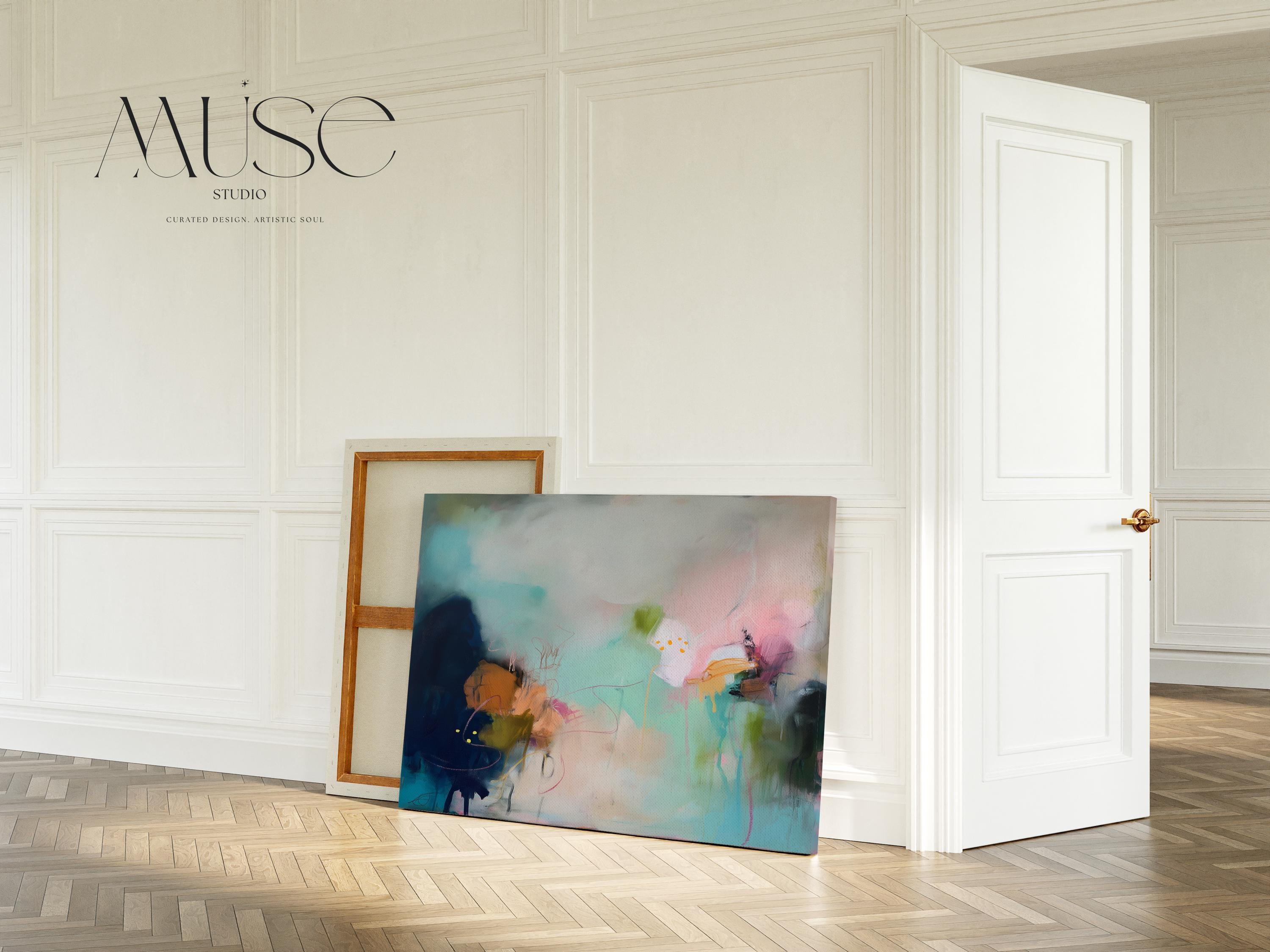 Coastal abstract wall art by Muse Studio featuring aqua, blush pink, moss green, peach, and inky blue painterly layers with delicate linework and a surreal ocean-garden composition. Coral Gardens No. 428 is styled for serene minimal ocean decor, modern bedroom wall art, living room canvas decor, and creative studio spaces, printed with museum-grade giclée inks on premium gallery-wrapped artist canvas with framed canvas options.