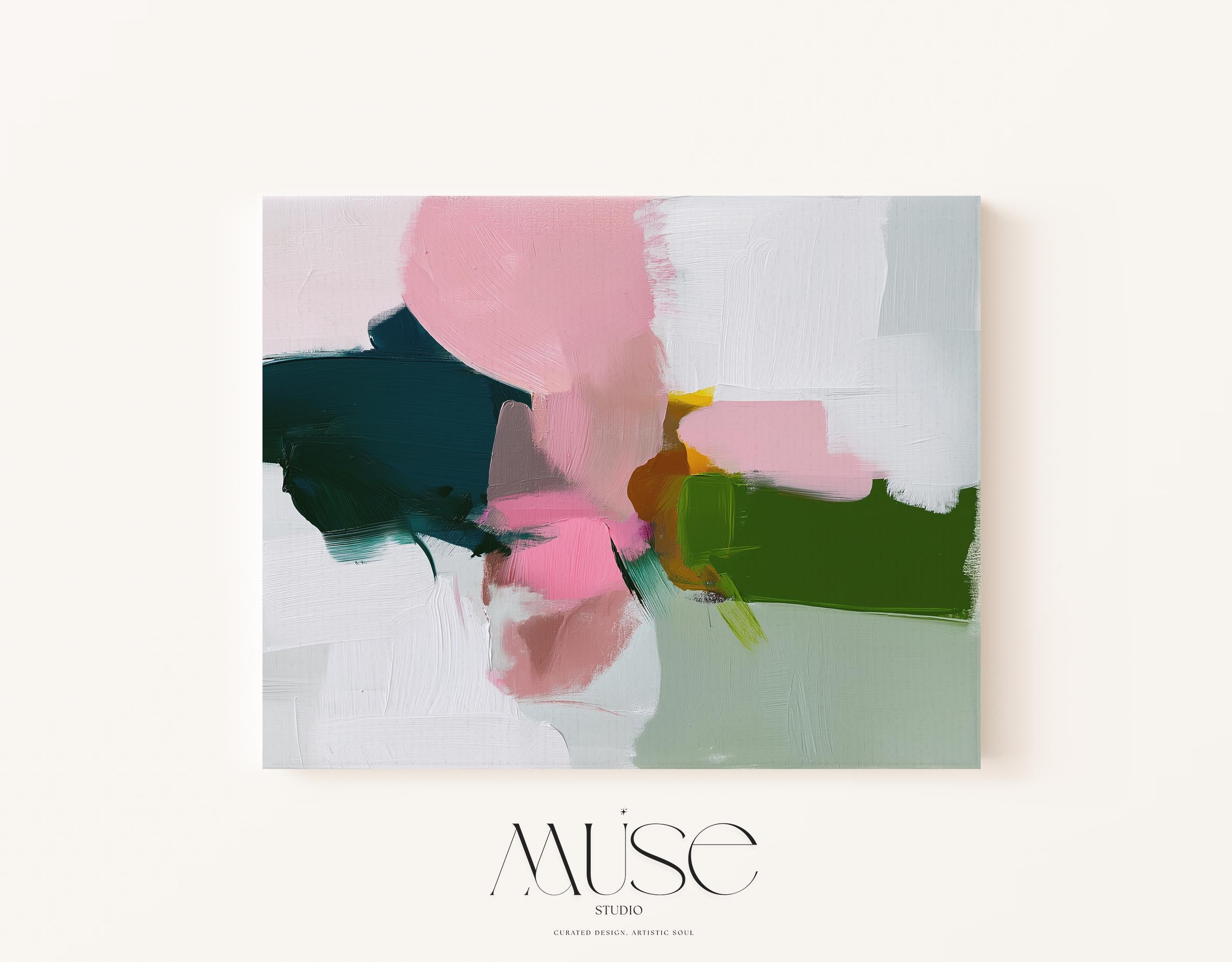 Blush and Green Framed Canvas Wall Art Abstract Decor for Living Room or Entryway Soft Modern Painting | Muse Studio 432 Stretched Canvas Art Large abstract wall decor on stretched canvas, gallery-wrapped and ready to hang. Perfect for colorful wall art in living rooms, office spaces, and design projects. Giclée canvas print with bold brushwork and vibrant modern style for impactful home decor. Muse Studio Decor Art.