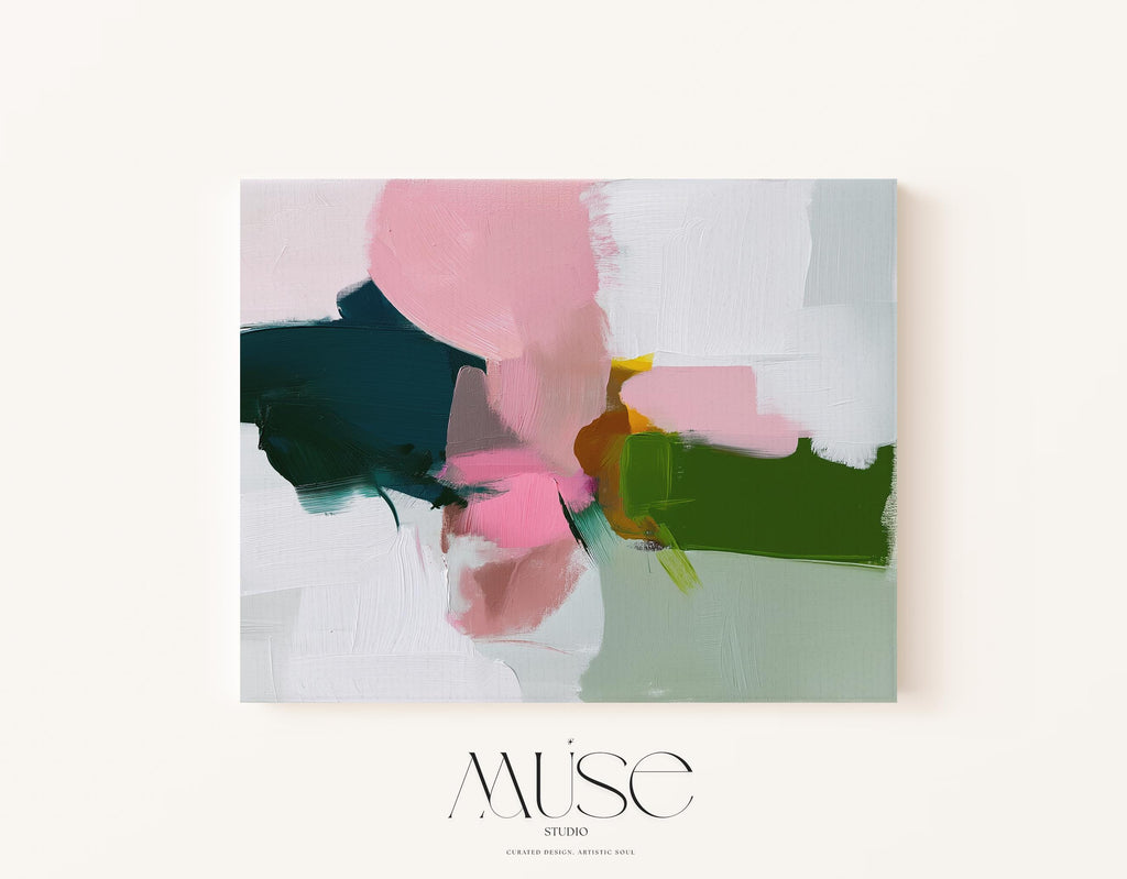 Blush and Green Framed Canvas Wall Art Abstract Decor for Living Room or Entryway Soft Modern Painting | Muse Studio 432 Stretched Canvas Art Large abstract wall decor on stretched canvas, gallery-wrapped and ready to hang. Perfect for colorful wall art in living rooms, office spaces, and design projects. Giclée canvas print with bold brushwork and vibrant modern style for impactful home decor. Muse Studio Decor Art.