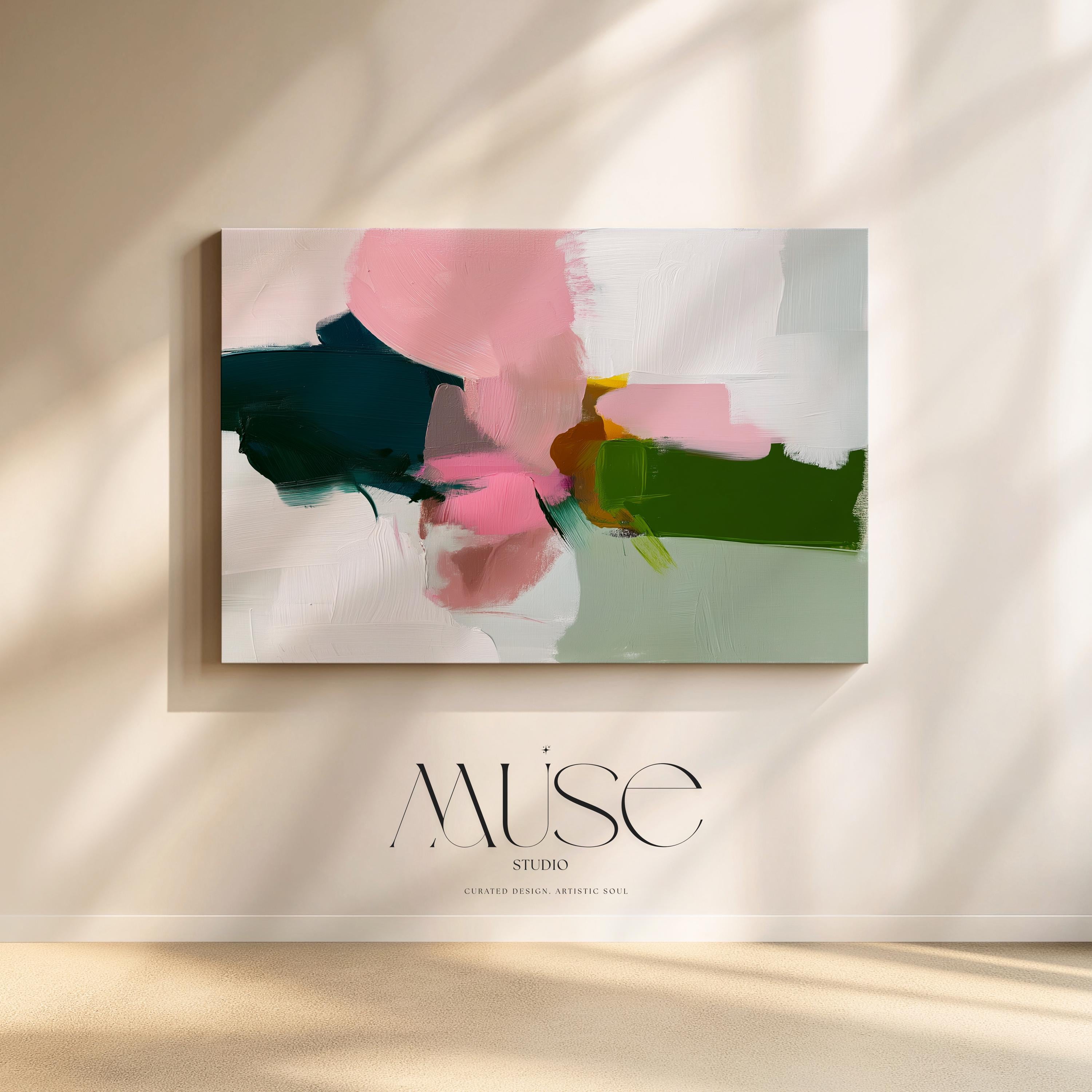 Blush and Green Framed Canvas Wall Art Abstract Decor for Living Room or Entryway Soft Modern Painting | Muse Studio 432 Stretched Canvas Art Large abstract wall decor on stretched canvas, gallery-wrapped and ready to hang. Perfect for colorful wall art in living rooms, office spaces, and design projects. Giclée canvas print with bold brushwork and vibrant modern style for impactful home decor. Muse Studio Decor Art.