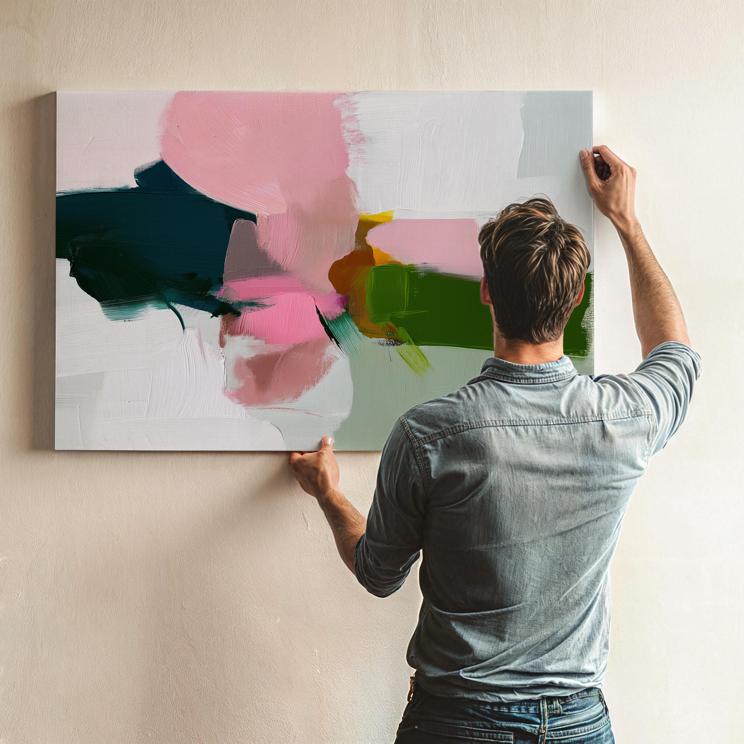 Blush and Green Framed Canvas Wall Art Abstract Decor for Living Room or Entryway Soft Modern Painting | Muse Studio 432 Stretched Canvas Art Large abstract wall decor on stretched canvas, gallery-wrapped and ready to hang. Perfect for colorful wall art in living rooms, office spaces, and design projects. Giclée canvas print with bold brushwork and vibrant modern style for impactful home decor. Muse Studio Decor Art.