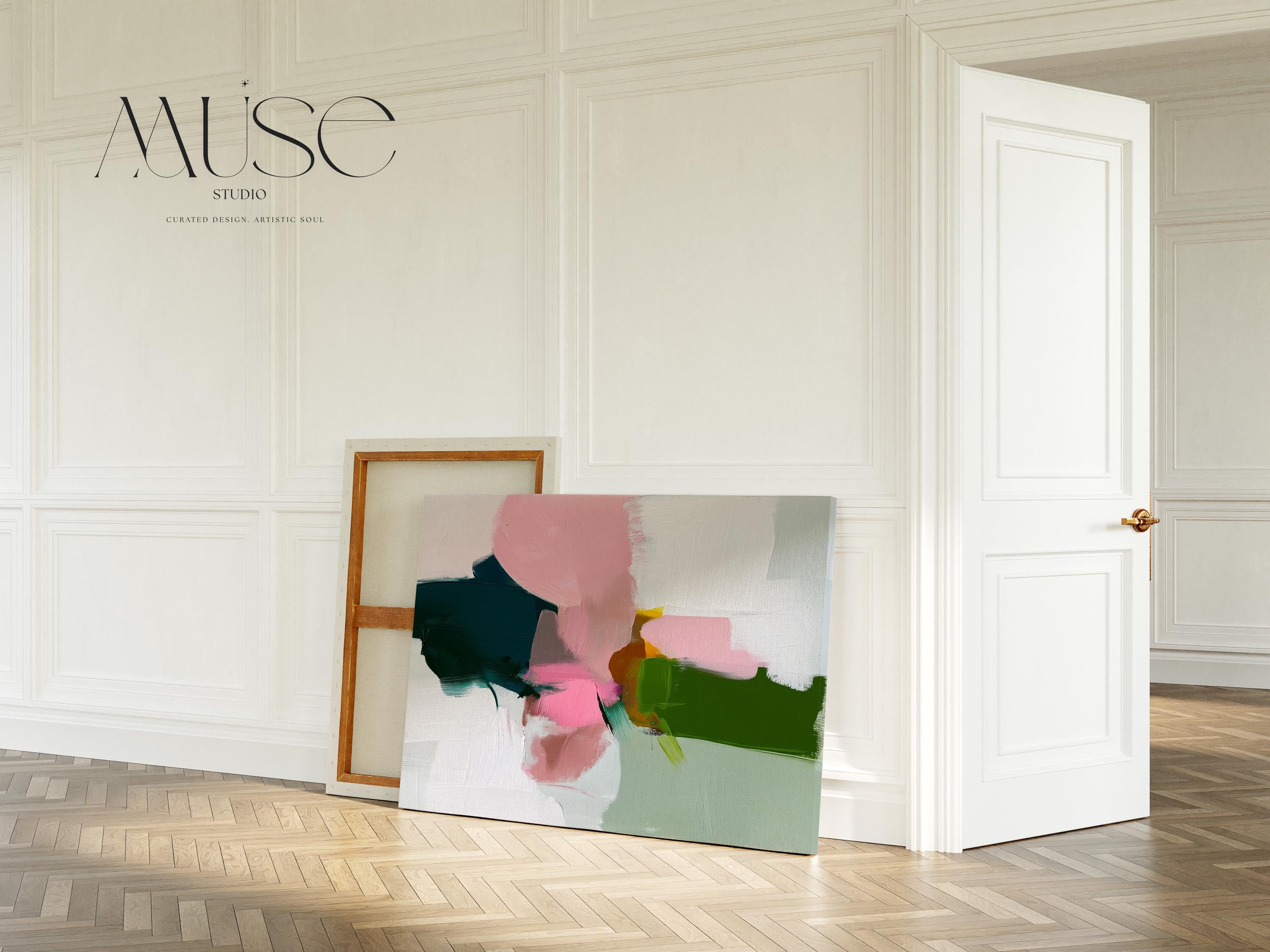 Blush and Green Framed Canvas Wall Art Abstract Decor for Living Room or Entryway Soft Modern Painting | Muse Studio 432 Stretched Canvas Art Large abstract wall decor on stretched canvas, gallery-wrapped and ready to hang. Perfect for colorful wall art in living rooms, office spaces, and design projects. Giclée canvas print with bold brushwork and vibrant modern style for impactful home decor. Muse Studio Decor Art.