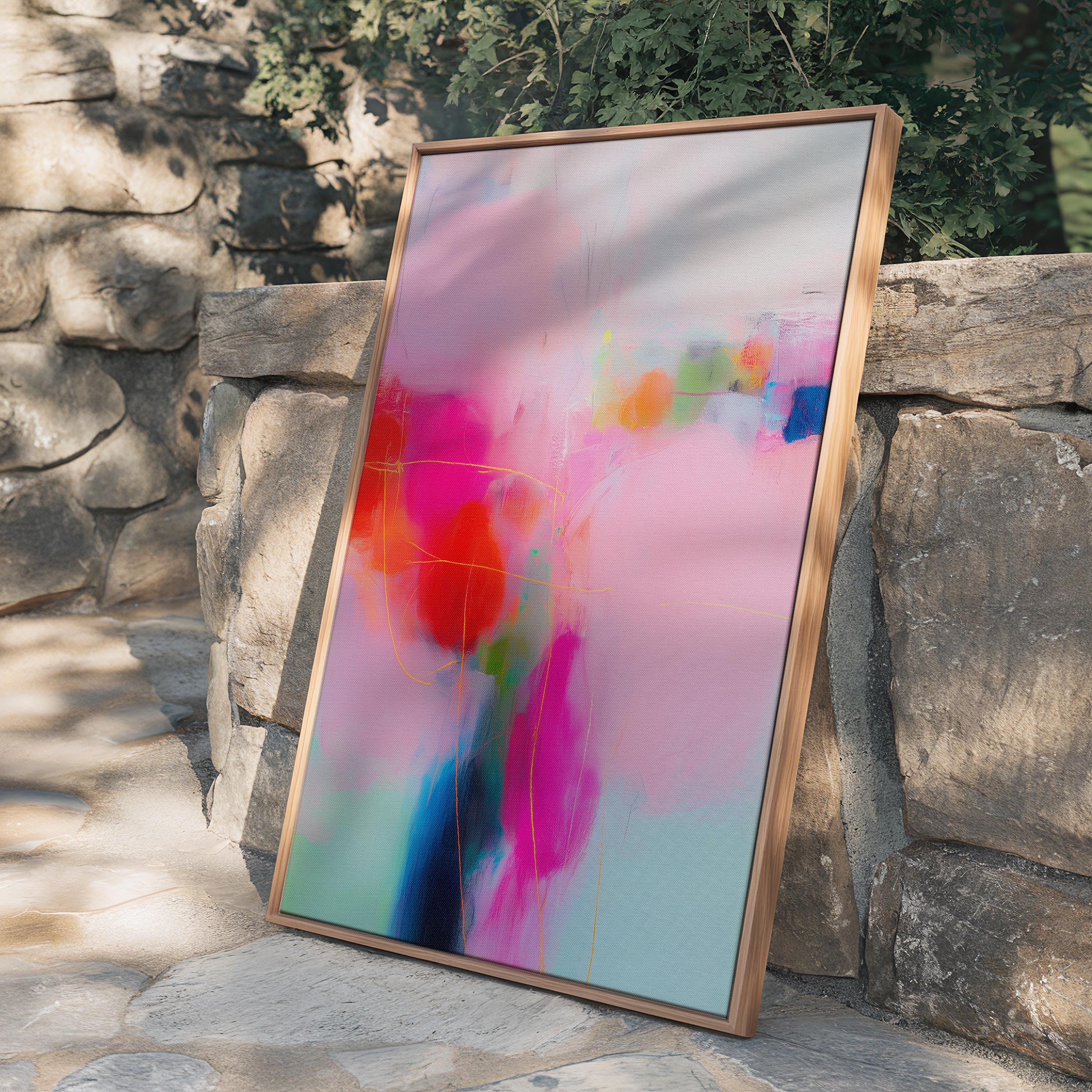 Framed Vertical Canvas Art in Pink and Coral, Colorful Abstract Wall Decor for Bedroom or Office, Bold Dopamine Design Modern Interiors 435