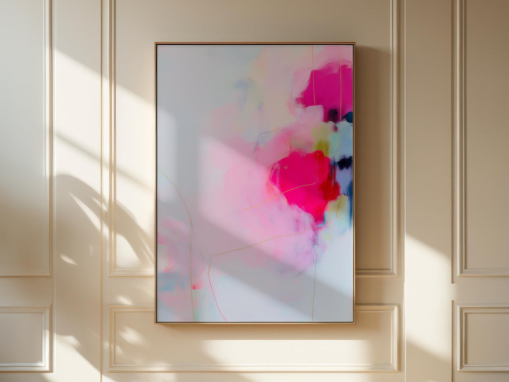 Blush and Pink Framed Canvas Wall Art Soft Contemporary Boho Decor for Bedroom or Nursery Abstract Pastel Painting | Muse 436 Framed Canvas Art Colorful abstract wall art on framed canvas, perfect for bold decor art and modern wall decor. Large statement piece with expressive brushstrokes and rich textures. Ready-to-hang giclée canvas designed to energize living rooms, offices, and curated interiors. Muse Studio Decor Art.