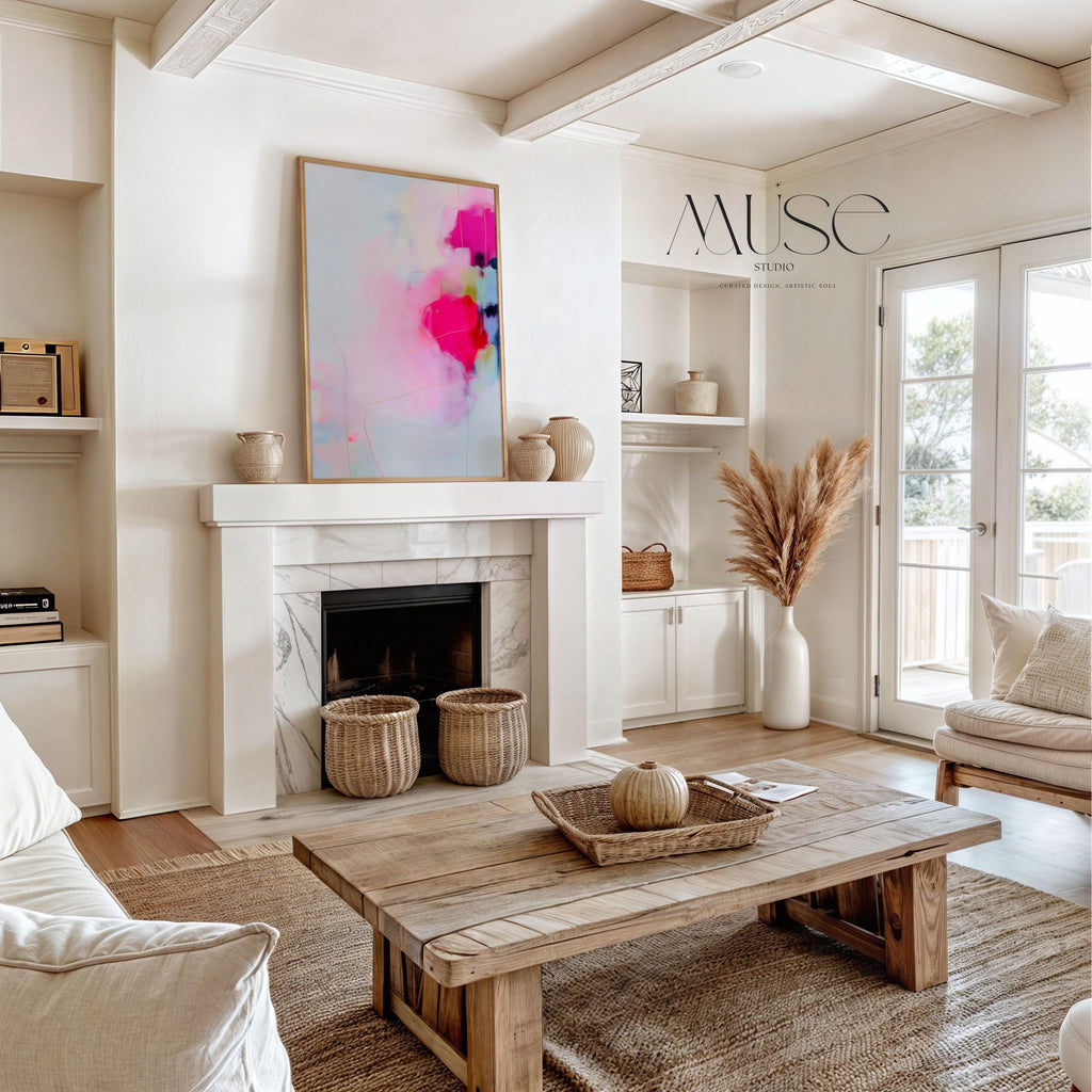 Blush and Pink Framed Canvas Wall Art Soft Modern Decor for Bedroom or Nursery Abstract Pastel Painting | Muse Studio 436 Framed Canvas Art Colorful abstract wall art on framed canvas, perfect for bold decor art and modern wall decor. Large statement piece with expressive brushstrokes and rich textures. Ready-to-hang giclée canvas designed to energize living rooms, offices, and curated interiors. Muse Studio Decor Art.
