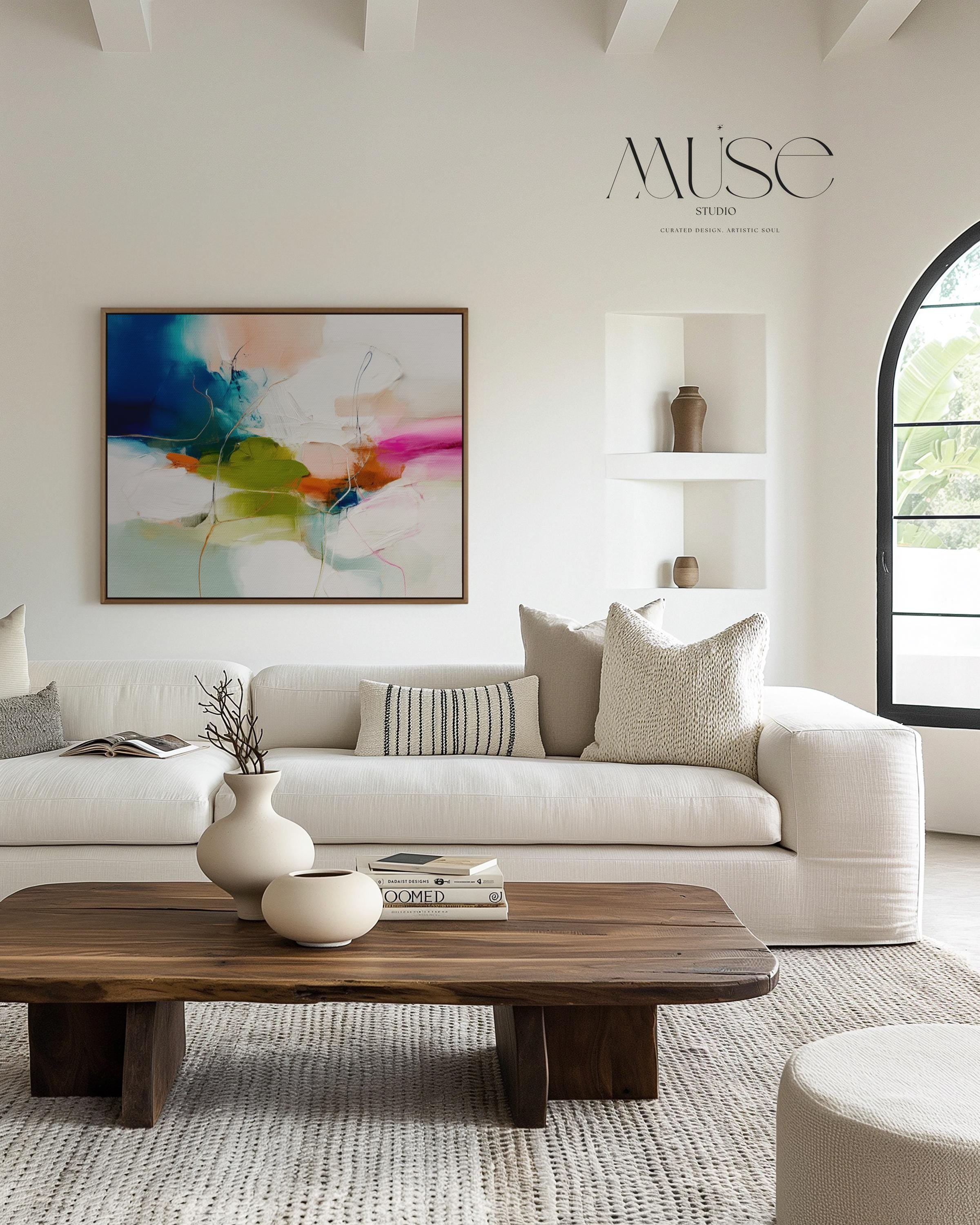 Large Abstract Canvas Wall Art in Blue, Green, and Pink, Framed Colorful Contemporary Painting for Living Room, Statement Art 452