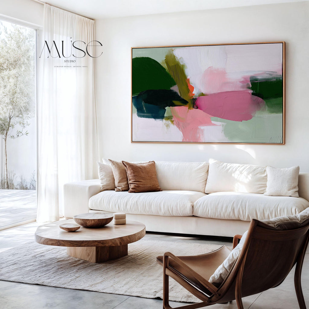 Large Abstract Canvas Art Green Pink White Bold Color Pop Framed Painting Dopamine Decor Modern Home Living Room Bedroom Accent 430 wall art prints, living room decor, abstract painting, abstract art, modern wall art, modern art, living room art, abstract wall art, canvas wall art, wall art, abstract print, colorful wall art