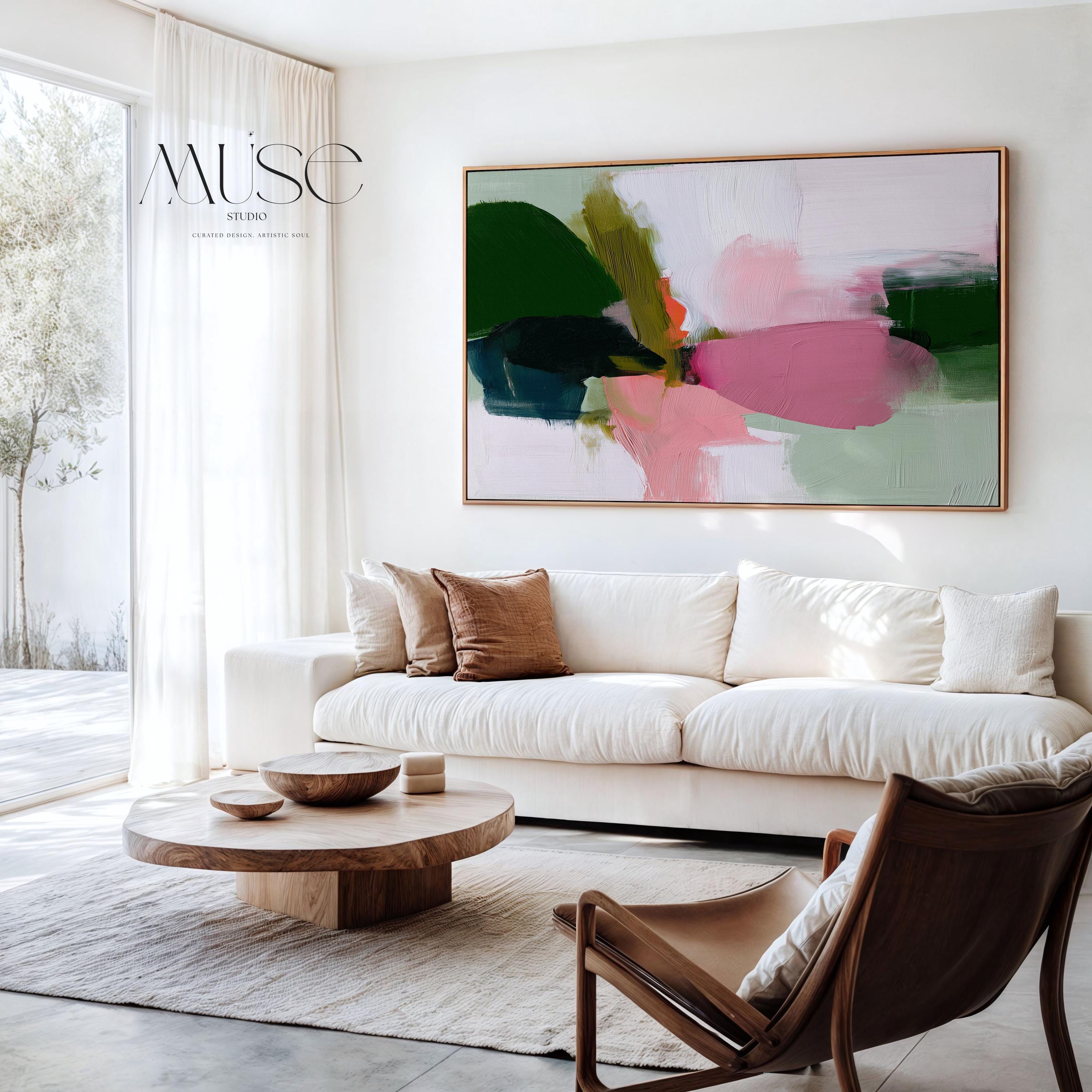 Large Abstract Canvas Art Green Pink White Bold Color Pop Framed Painting Dopamine Decor Modern Home Living Room Bedroom Accent 430 wall art prints, living room decor, abstract painting, abstract art, modern wall art, modern art, living room art, abstract wall art, canvas wall art, wall art, abstract print, colorful wall art