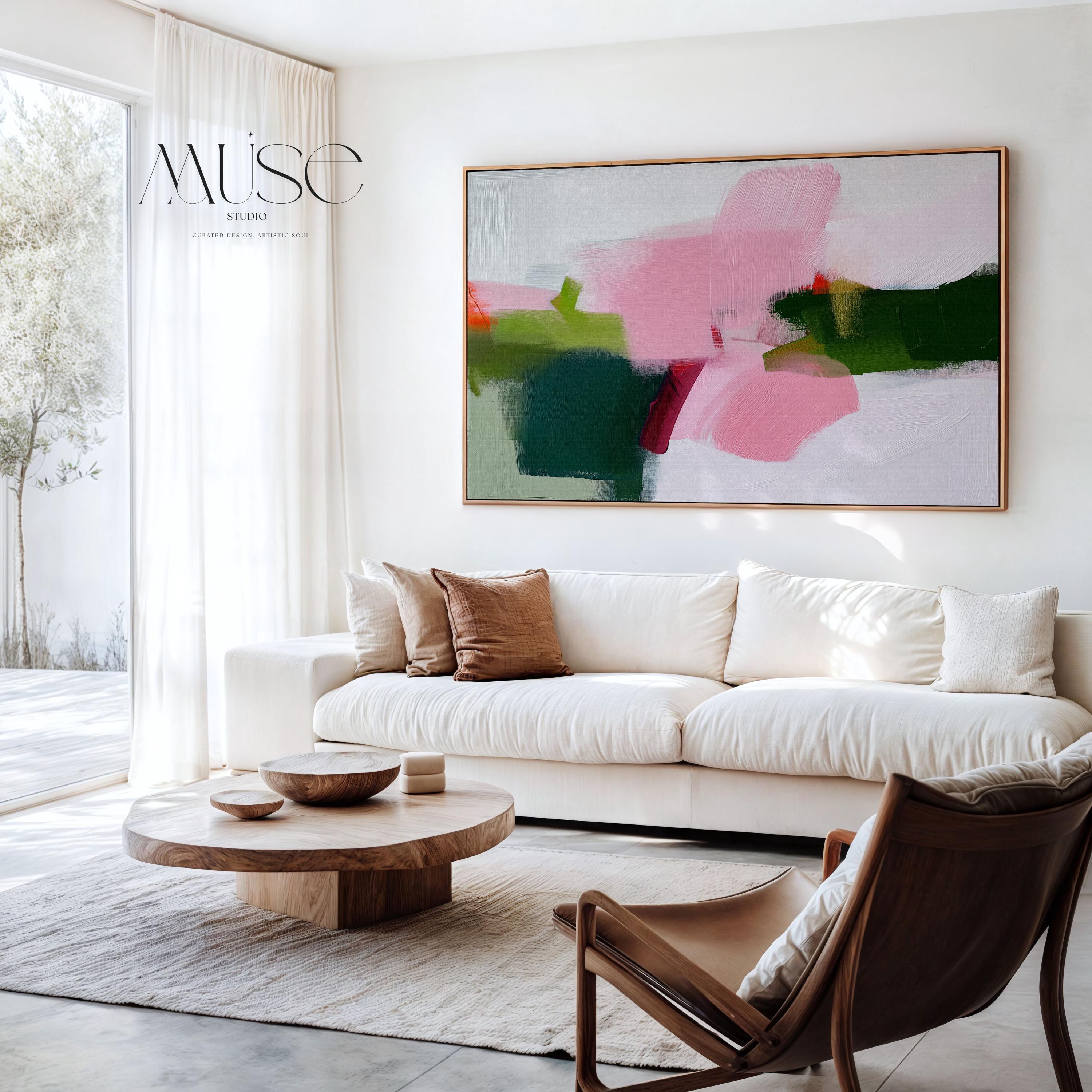 Large Abstract Canvas Art Pink Green Minimalist Color Pop Framed Painting Warm Minimalism Modern Home Living Room Decor Accent 431 Framed Canvas Art Colorful abstract wall art on framed canvas, perfect for bold decor art and modern wall decor. Large statement piece with expressive brushstrokes and rich textures. Ready-to-hang giclée canvas designed to energize living rooms, offices, and curated interiors. Muse Studio Decor Art.