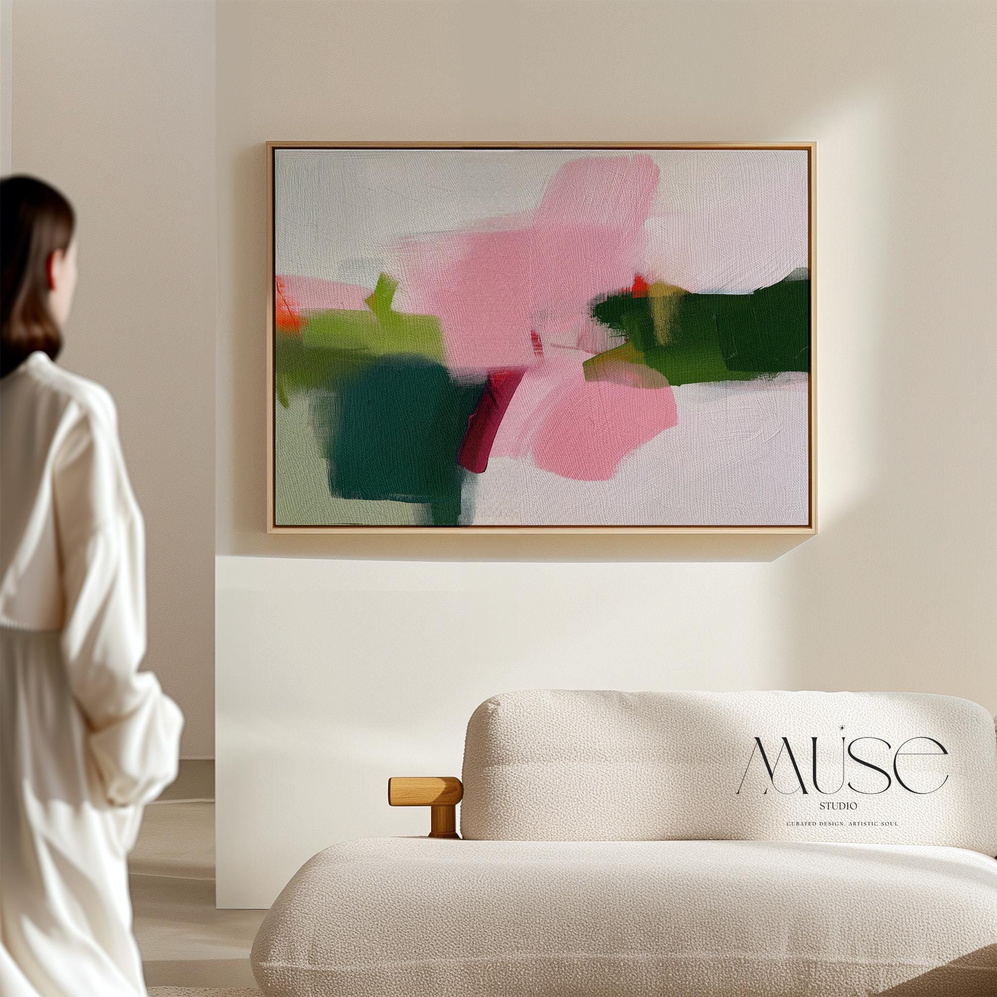 Large Abstract Canvas Art Pink Green Minimalist Color Pop Framed Painting Warm Minimalism Modern Home Living Room Decor Accent 431 Framed Canvas Art Colorful abstract wall art on framed canvas, perfect for bold decor art and modern wall decor. Large statement piece with expressive brushstrokes and rich textures. Ready-to-hang giclée canvas designed to energize living rooms, offices, and curated interiors. Muse Studio Decor Art.